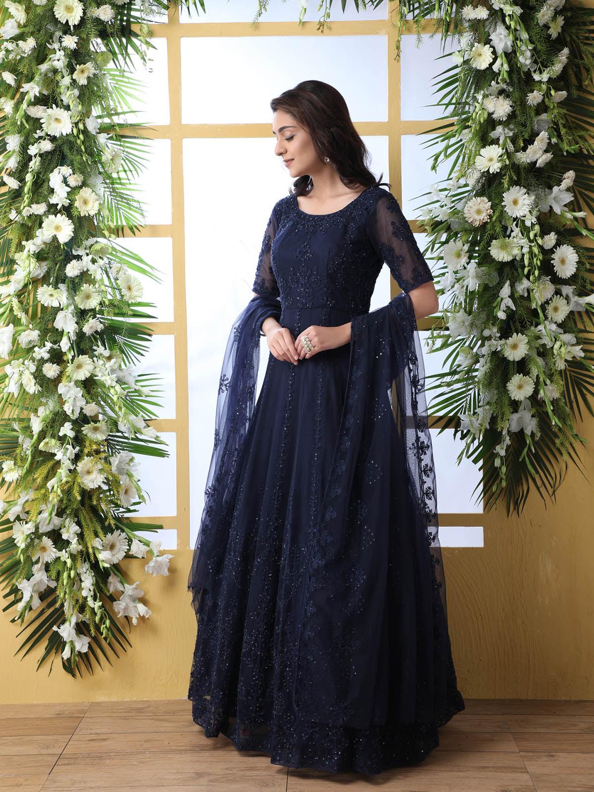 Odette Women Dark Blue Net Semi Stitched Gown - Image 3