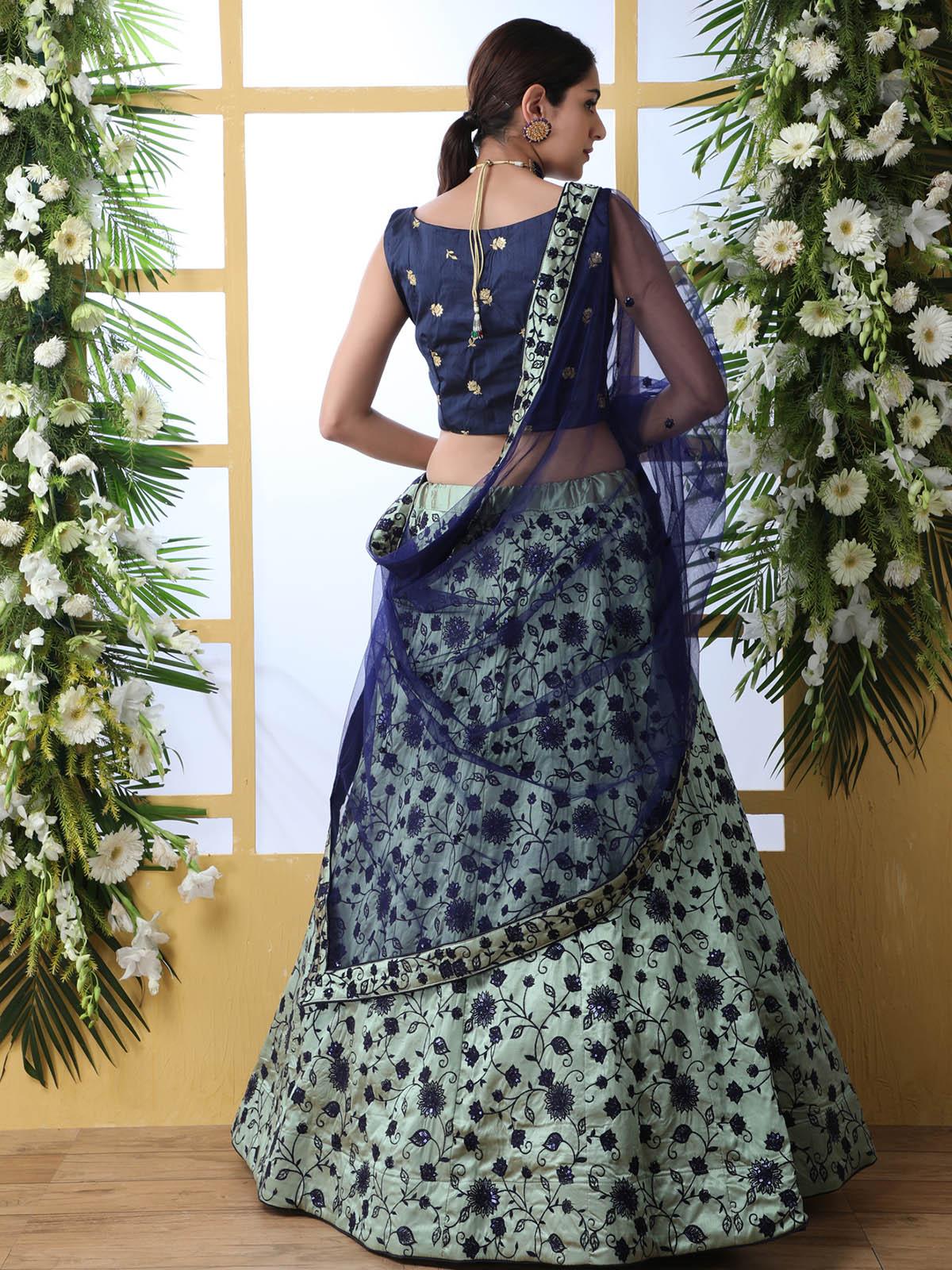 Odette Women Navy Blue Sequins Art Sillk Semi Stitched Lehenga With  Unstitched Blouse - Image 2