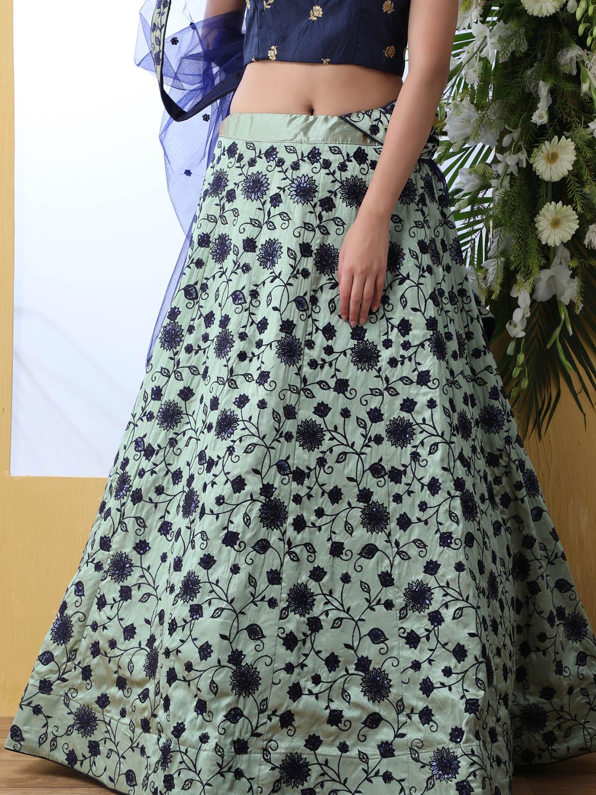 Odette Women Navy Blue Sequins Art Sillk Semi Stitched Lehenga With  Unstitched Blouse - Image 3