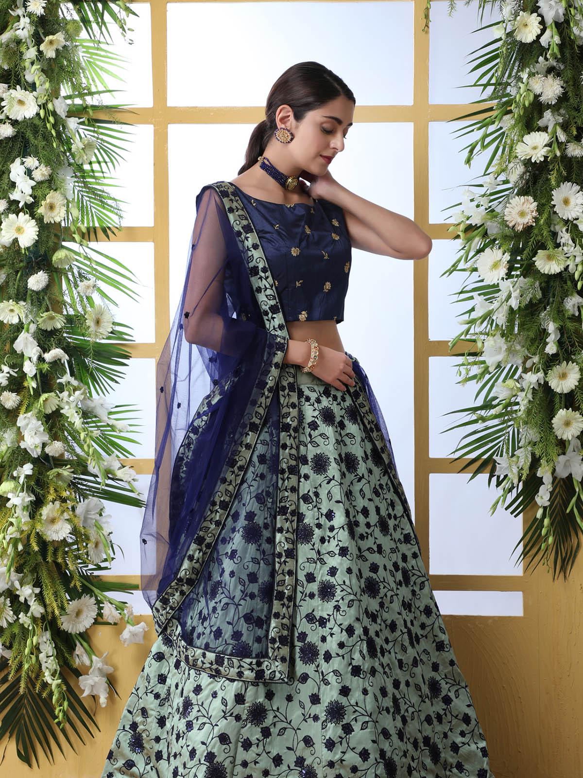 Odette Women Navy Blue Sequins Art Sillk Semi Stitched Lehenga With  Unstitched Blouse - Image 5