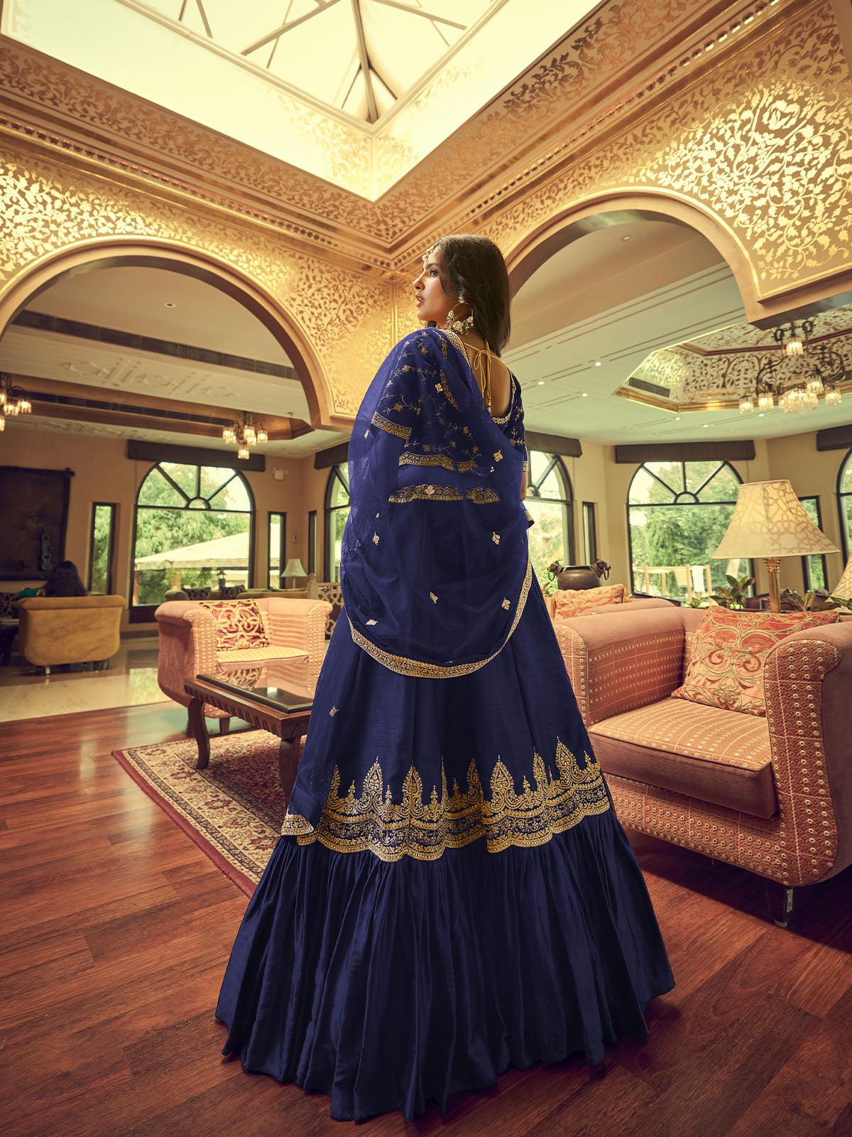 Odette Women Navy Blue Silk And Satin Semi Stitched Lehenga With  Unstitched Blouse - Image 3