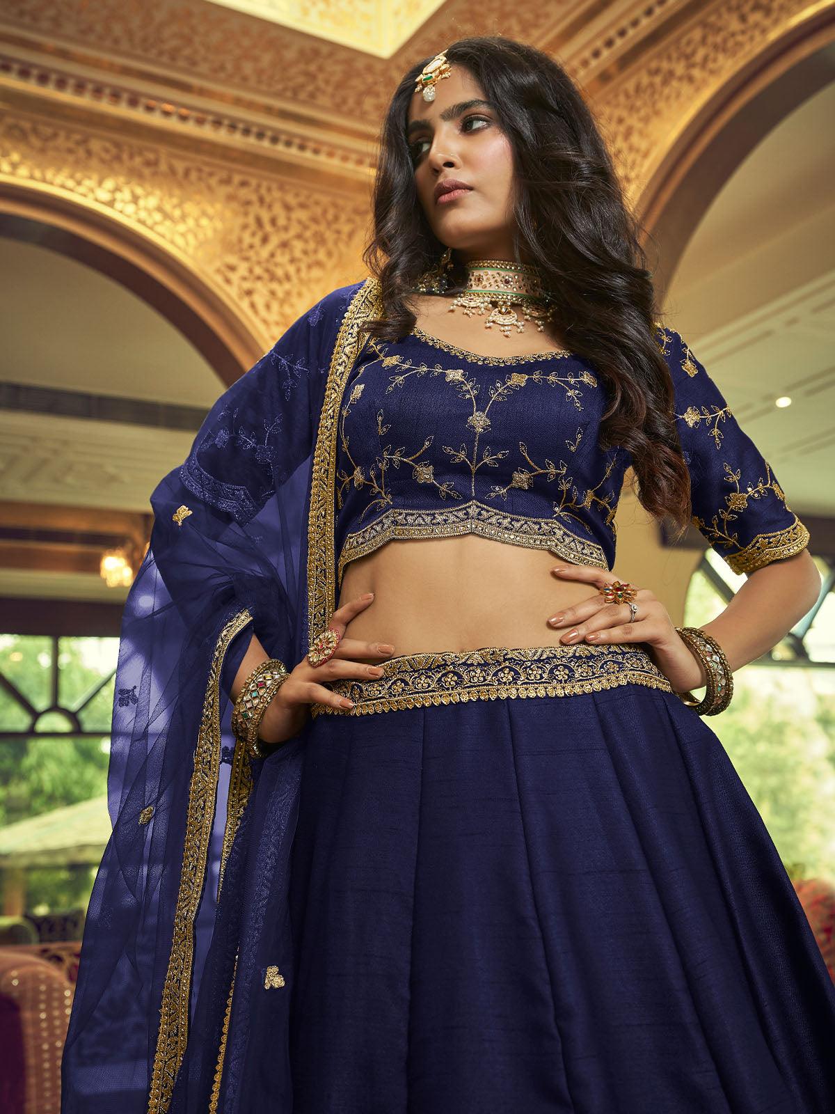 Odette Women Navy Blue Silk And Satin Semi Stitched Lehenga With  Unstitched Blouse - Image 4