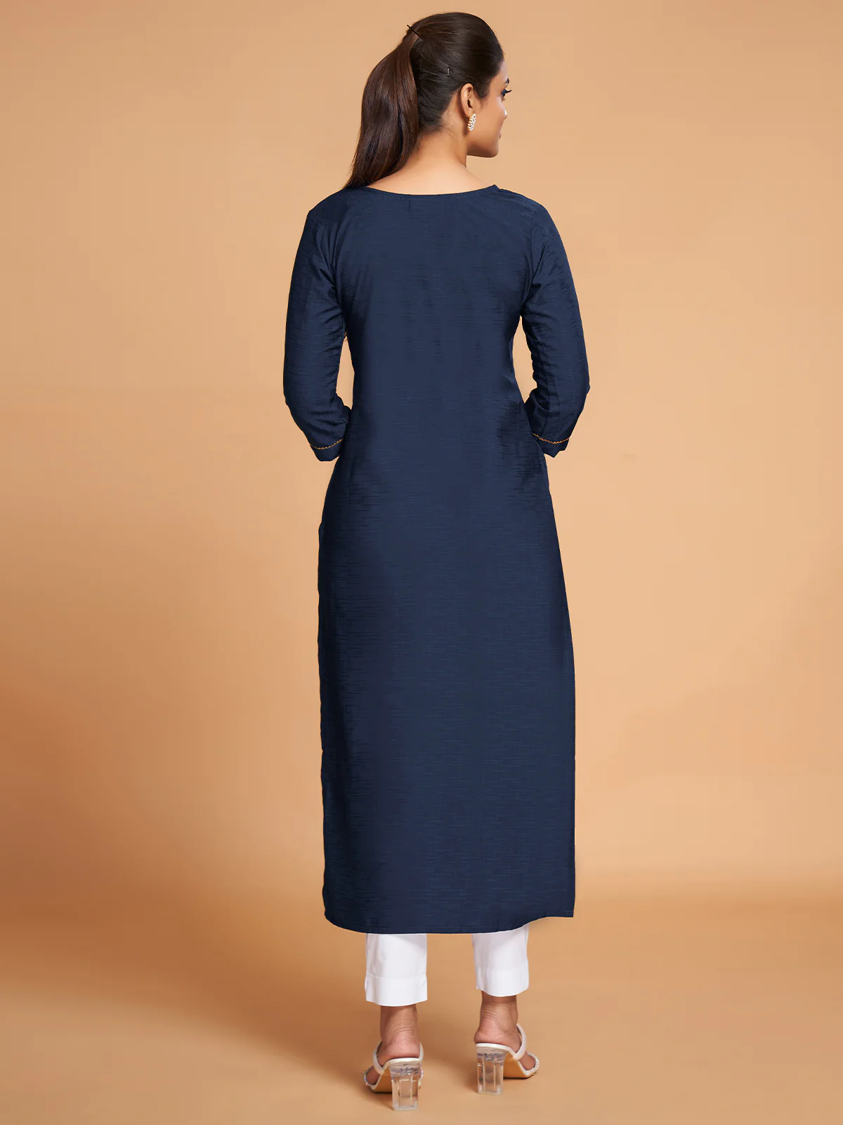 Odette Women Navy Blue Silk Blend Straight Cut Stitched Kurta - Image 4