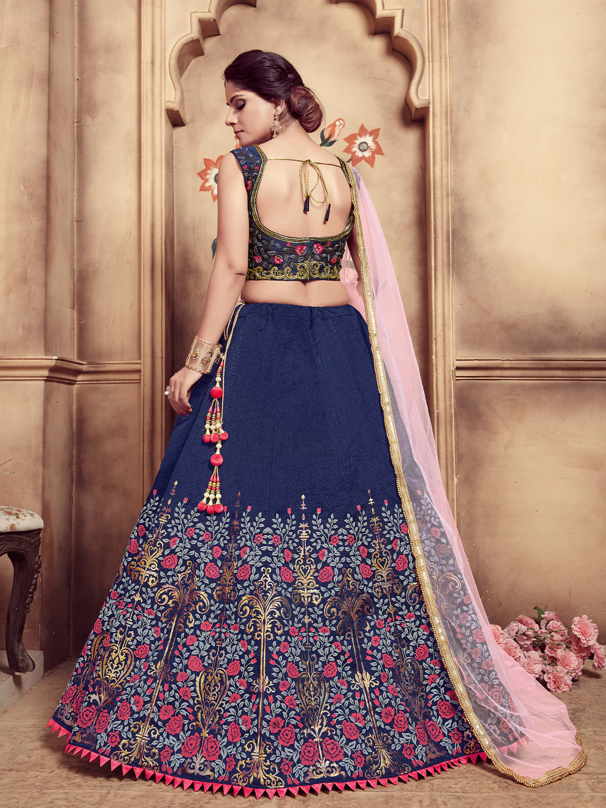 Odette Women Dark Blue Silk Foil Work Semi Stitched Lehenga With  Unstitched Blouse - Image 3