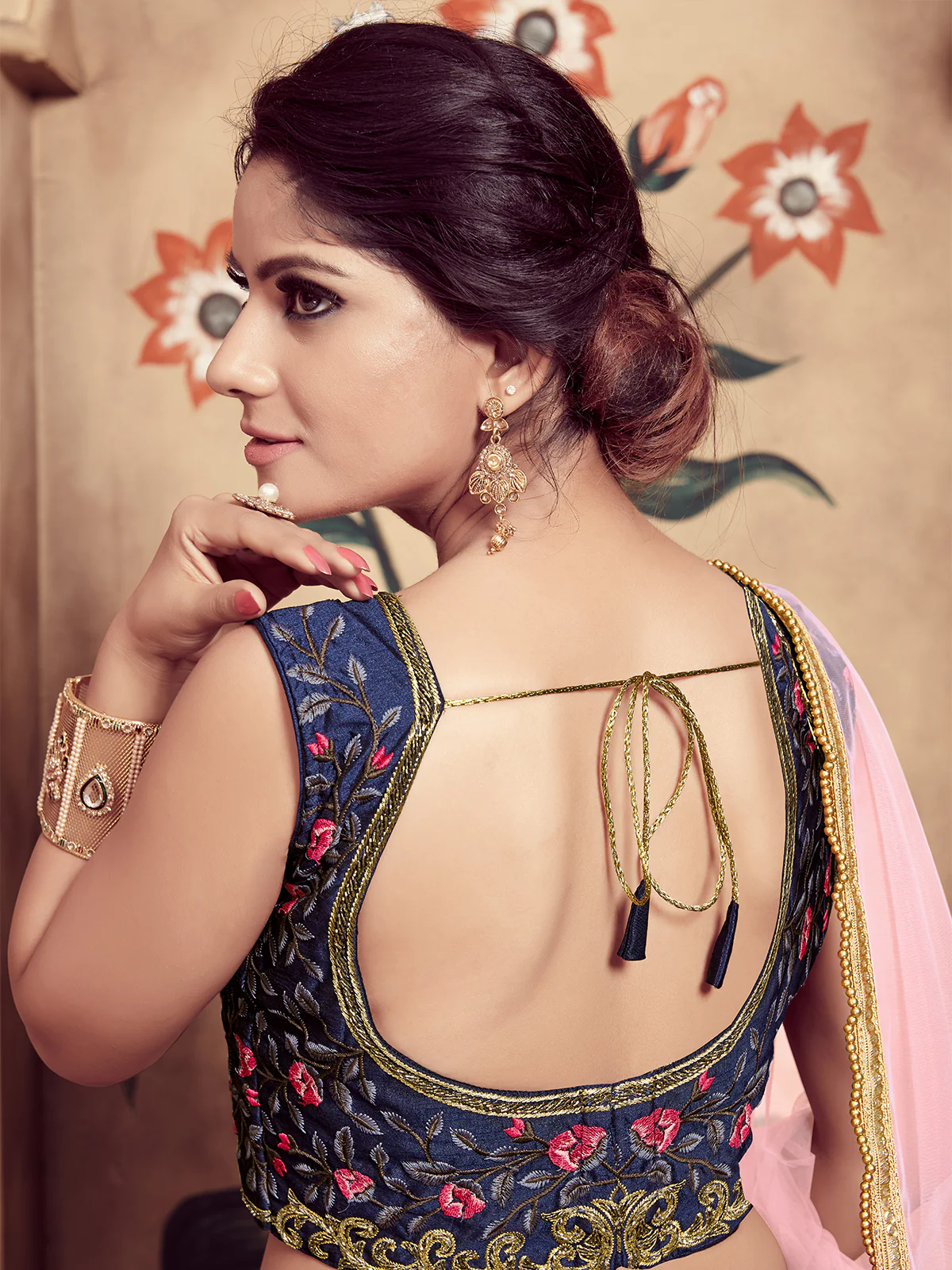 Odette Women Dark Blue Silk Foil Work Semi Stitched Lehenga With  Unstitched Blouse - Image 5