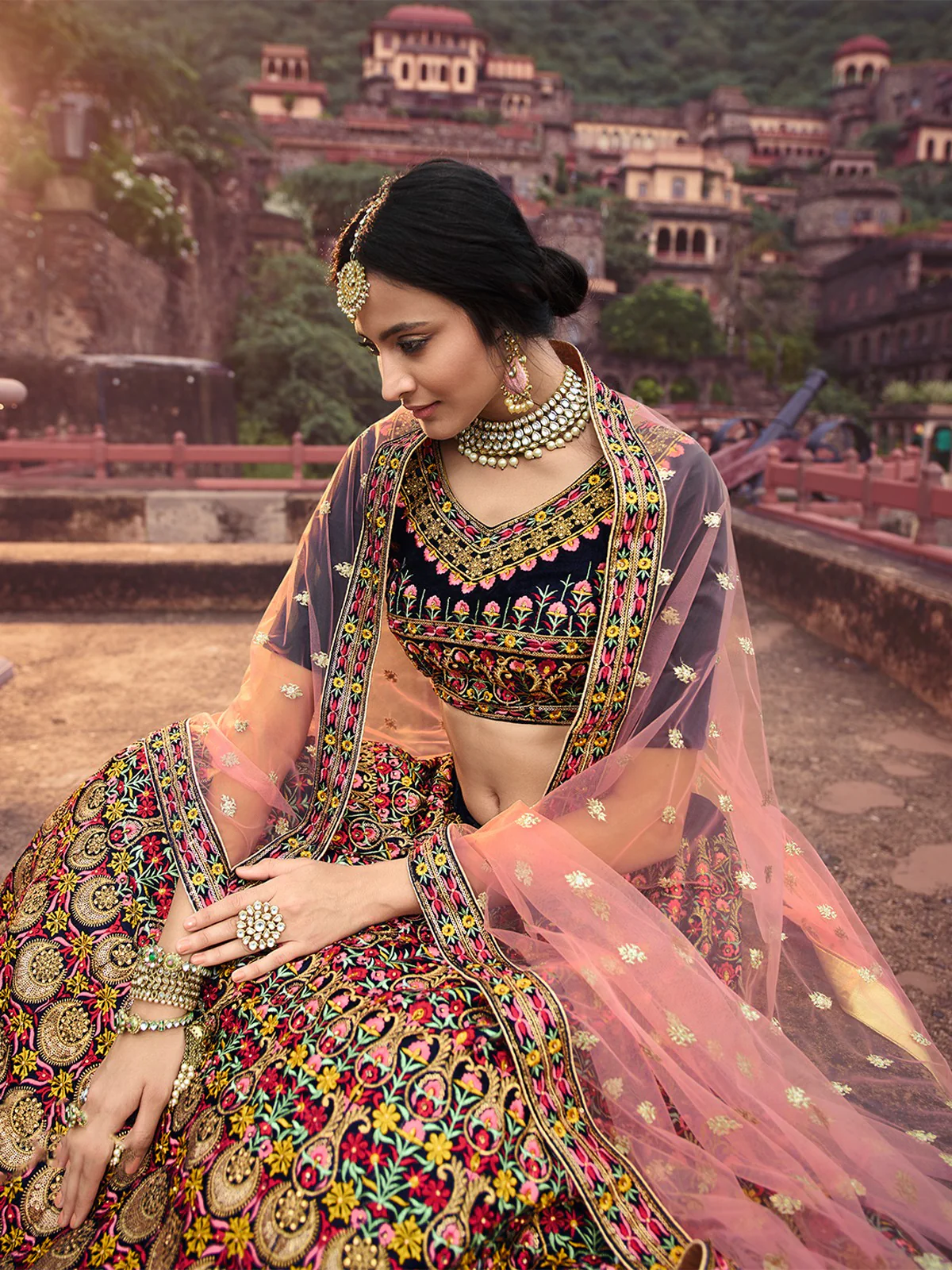 Odette Women Navy Blue Thread With Mutli Sequins Work Semi Stitched Lehenga With Unstitched Blouse - Image 2