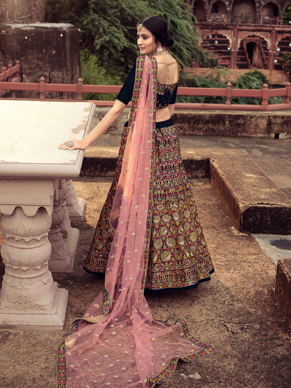 Odette Women Navy Blue Thread With Mutli Sequins Work Semi Stitched Lehenga With Unstitched Blouse - Image 5