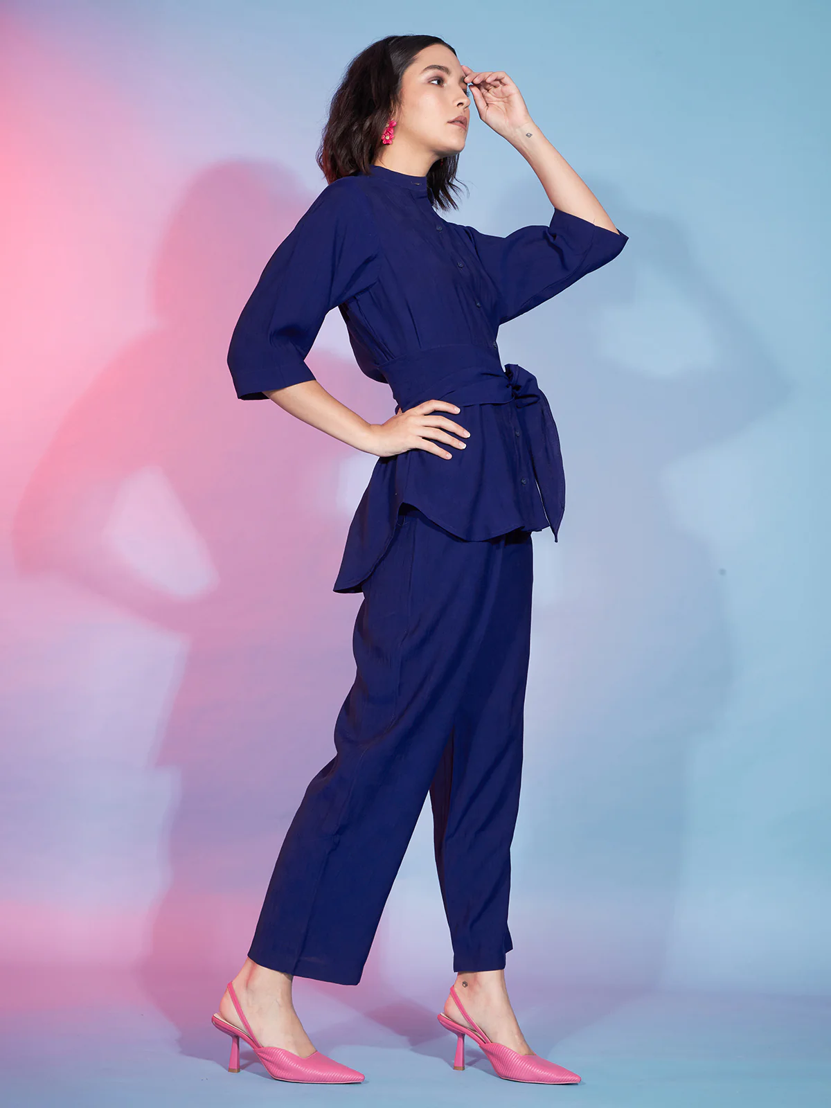 Odette Women Navy Blue Viscose Rayon Solid Co-Ord Set - Image 3