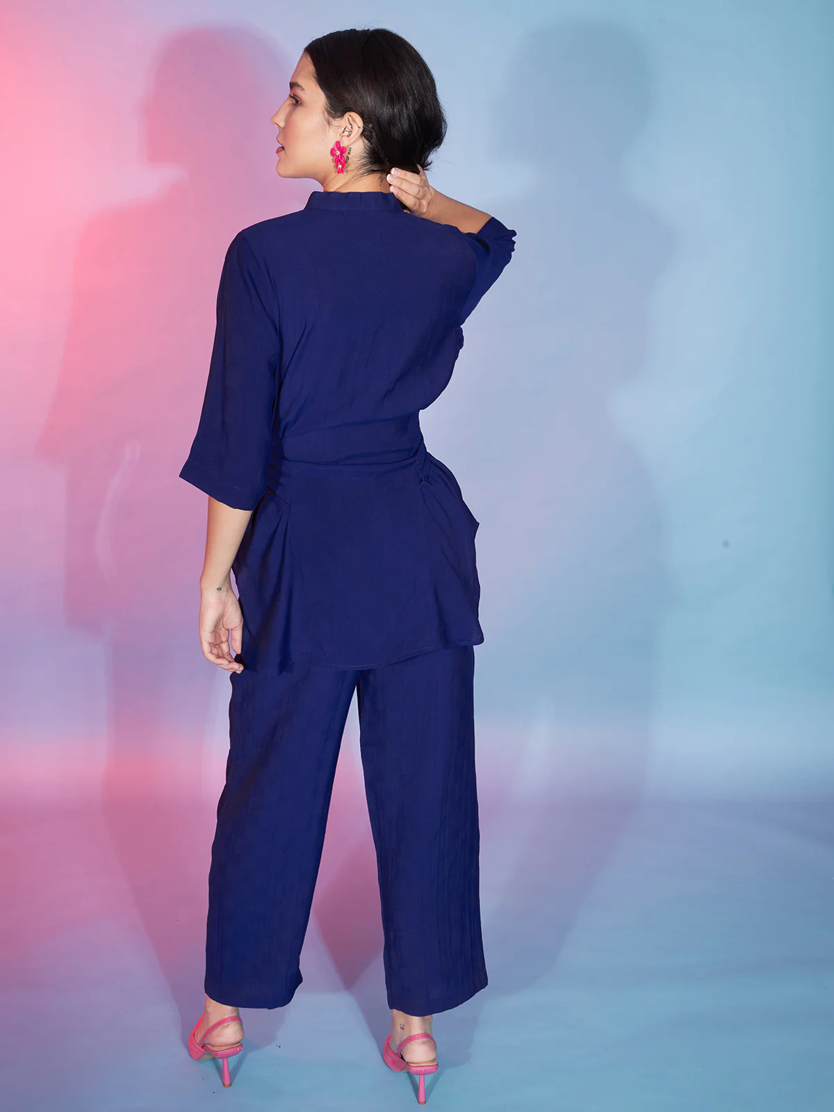 Odette Women Navy Blue Viscose Rayon Solid Co-Ord Set - Image 4
