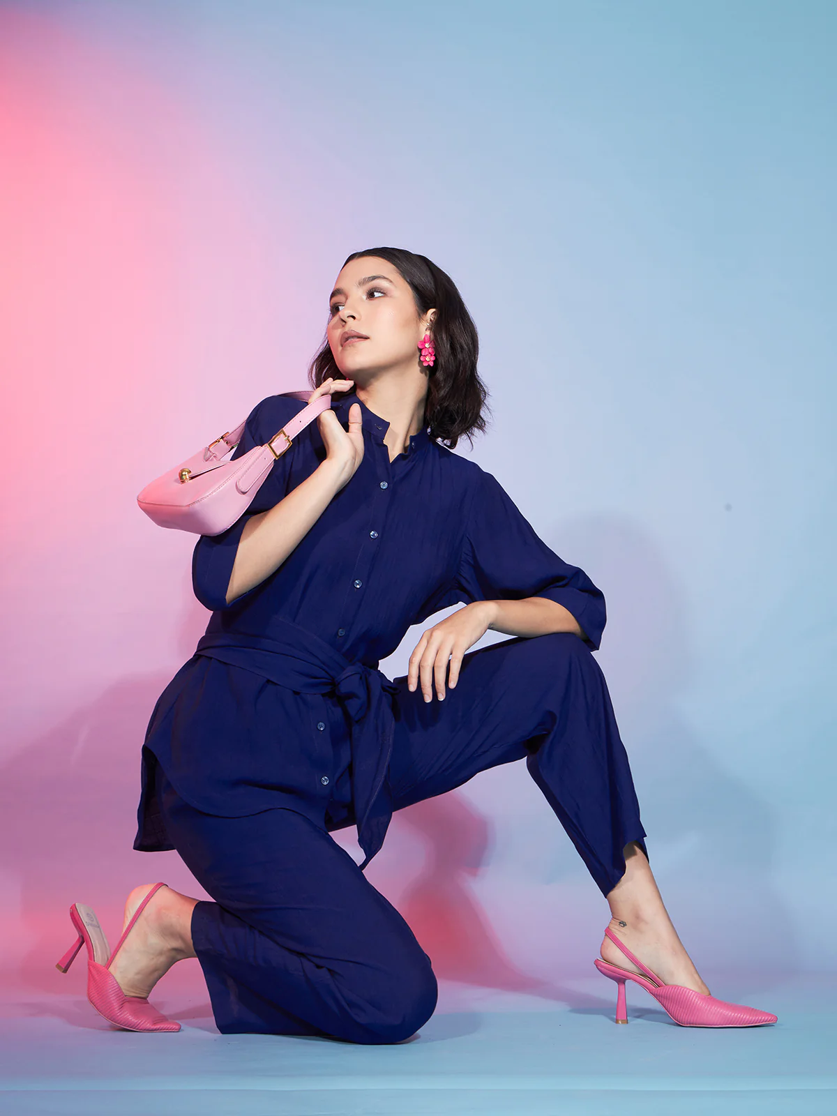 Odette Women Navy Blue Viscose Rayon Solid Co-Ord Set - Image 5