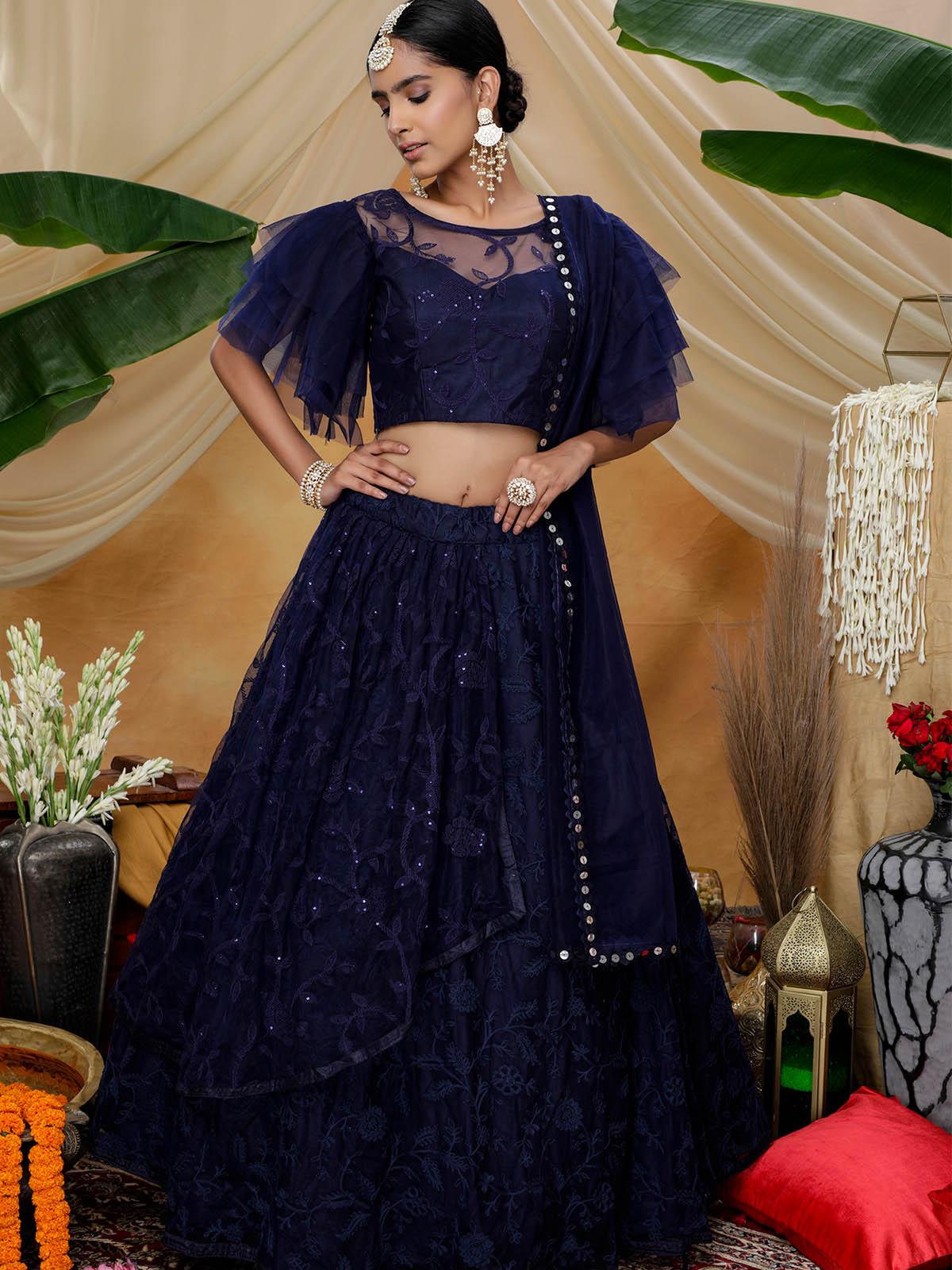 Odette Women Navy Sequins Net Semi Stitched Lehenga With Unstitched Blouse - Image 3