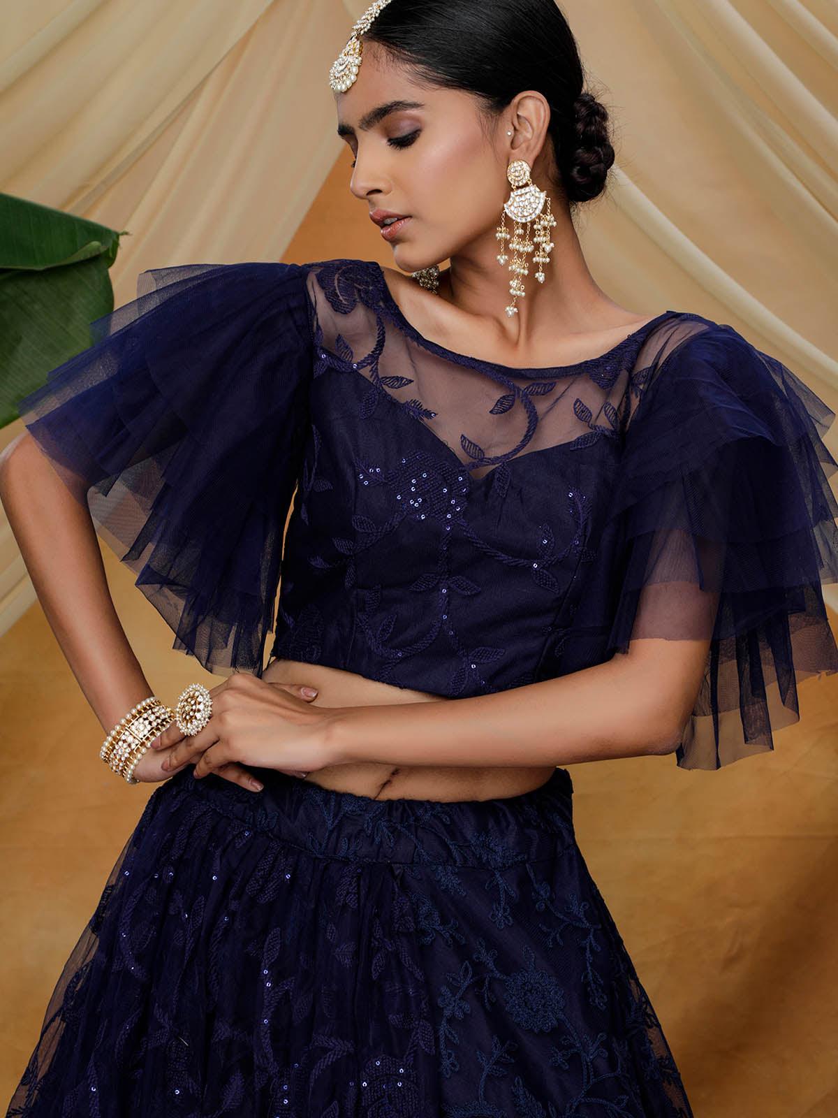Odette Women Navy Sequins Net Semi Stitched Lehenga With Unstitched Blouse - Image 4