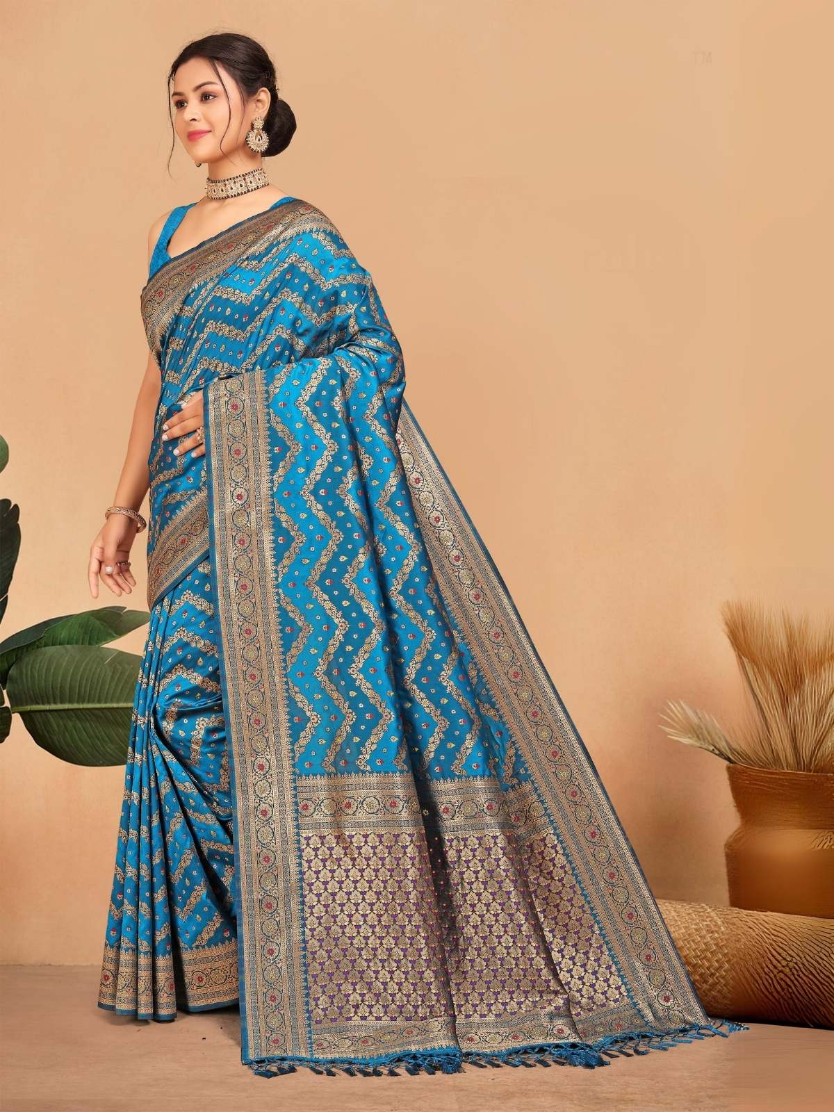 Odette Blue Woven Banasari Silk Saree with Unstitched Blouse for Women - Image 3