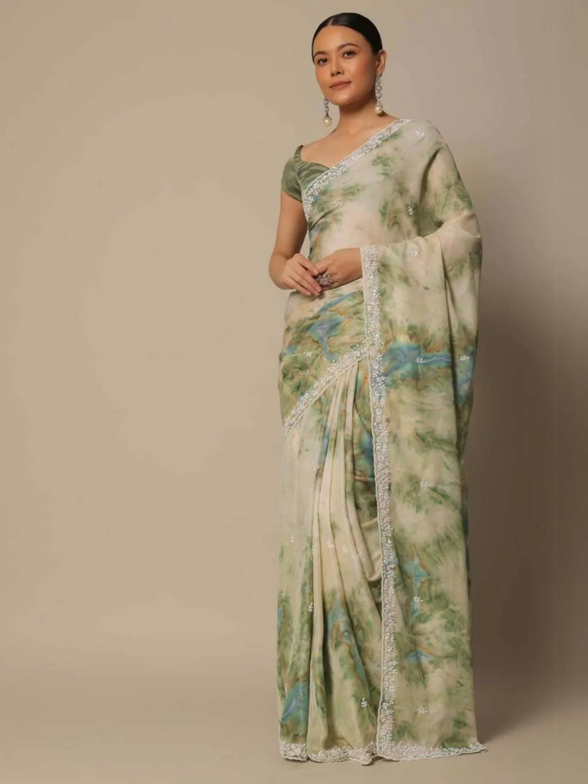 Odette Green Printed Georgette Saree with Unstitched Blouse for Women