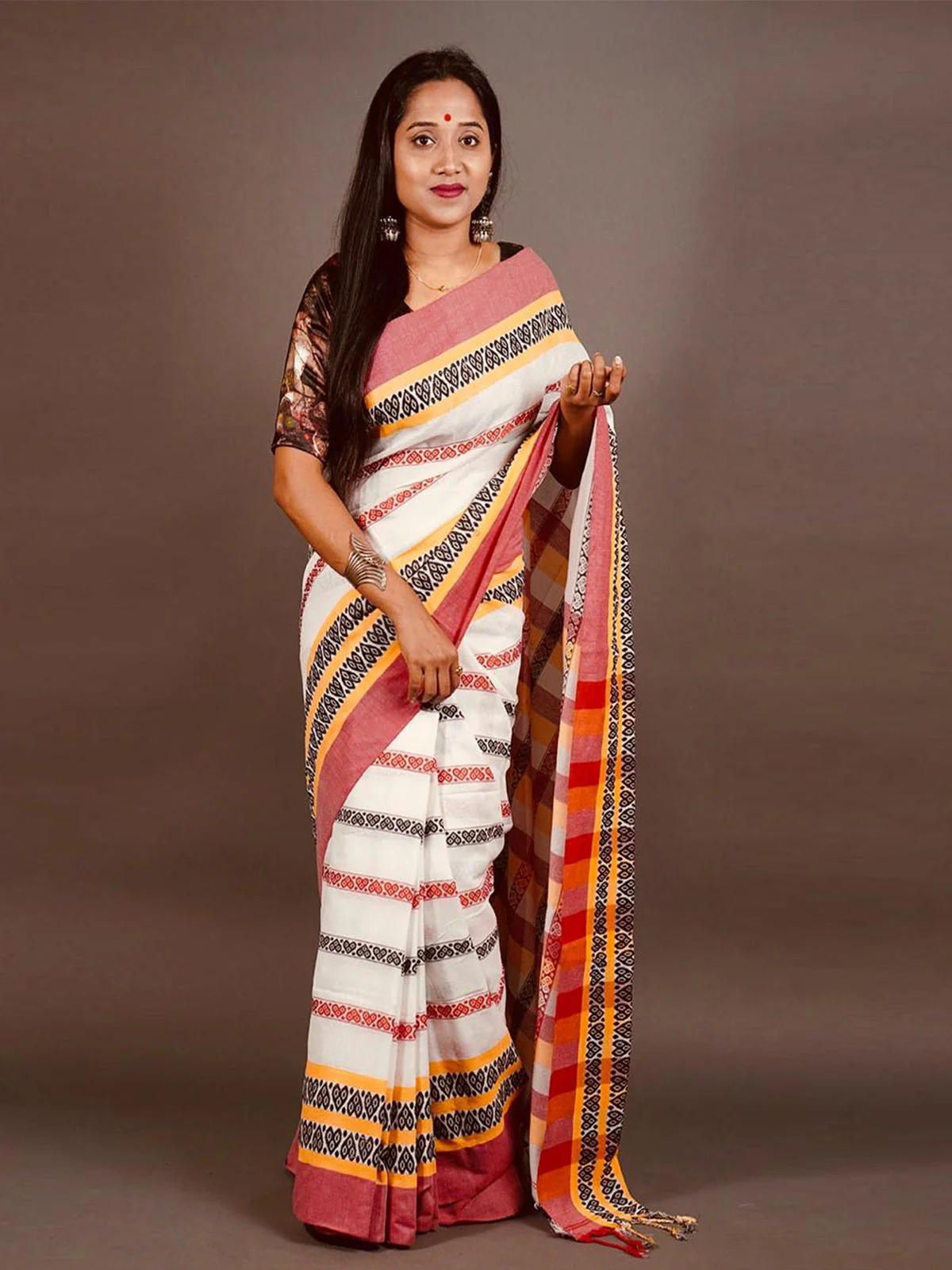 Odette Multi-Colour Woven Cotton Saree With Unstitched Blouse for Women