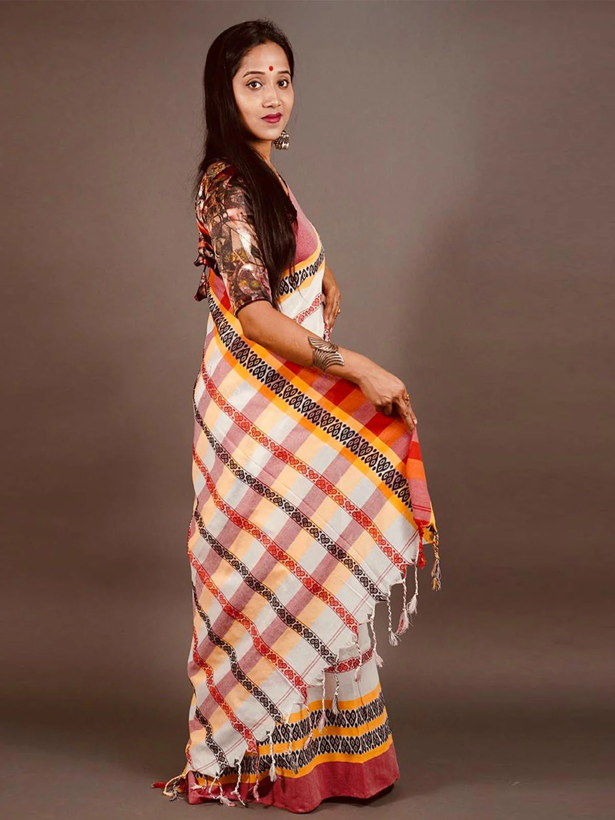 Odette Multi-Colour Woven Cotton Saree With Unstitched Blouse for Women - Image 2