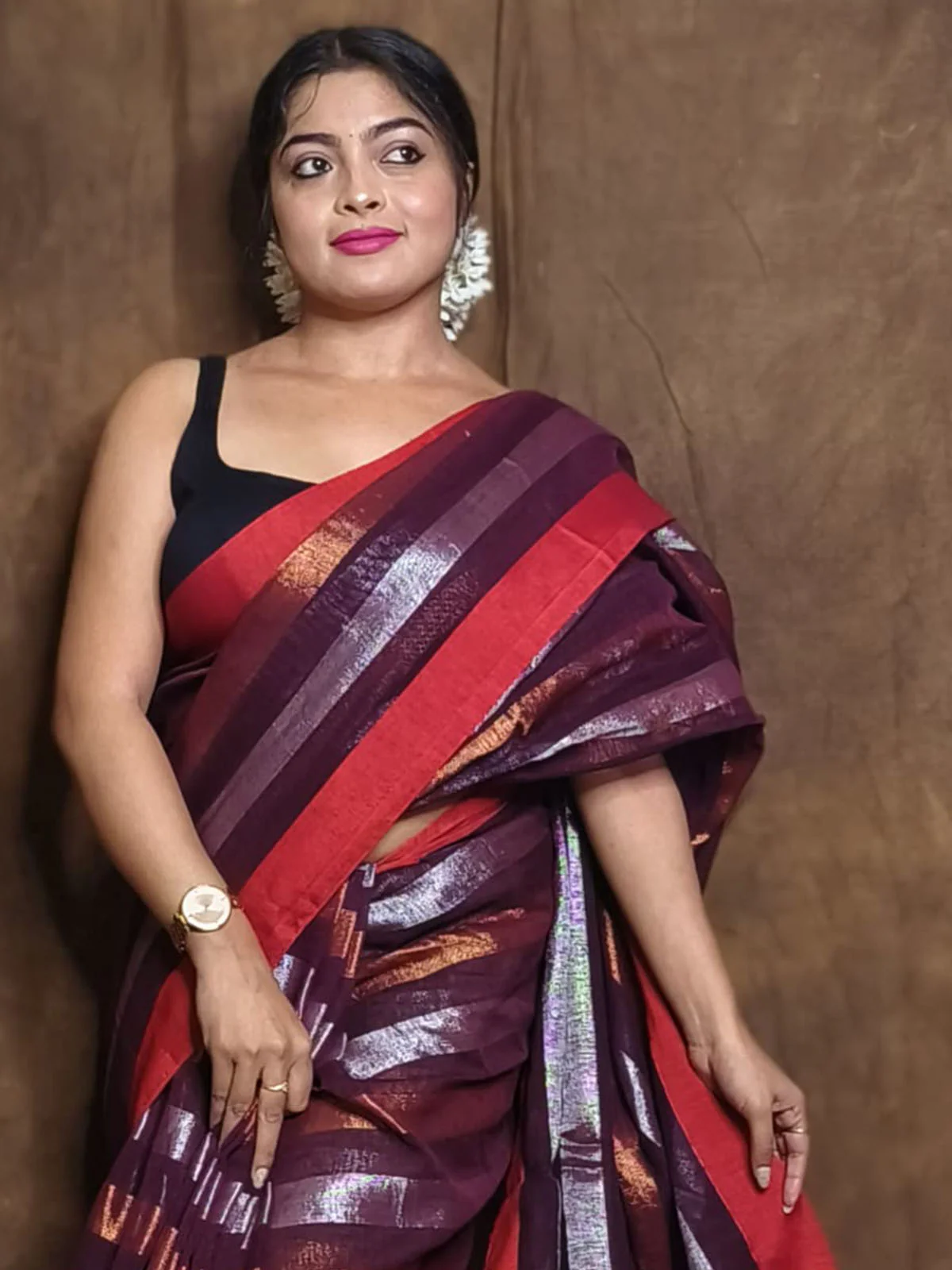 Odette Purple Woven Cotton Saree with Unstitched Blouse for Women - Image 3