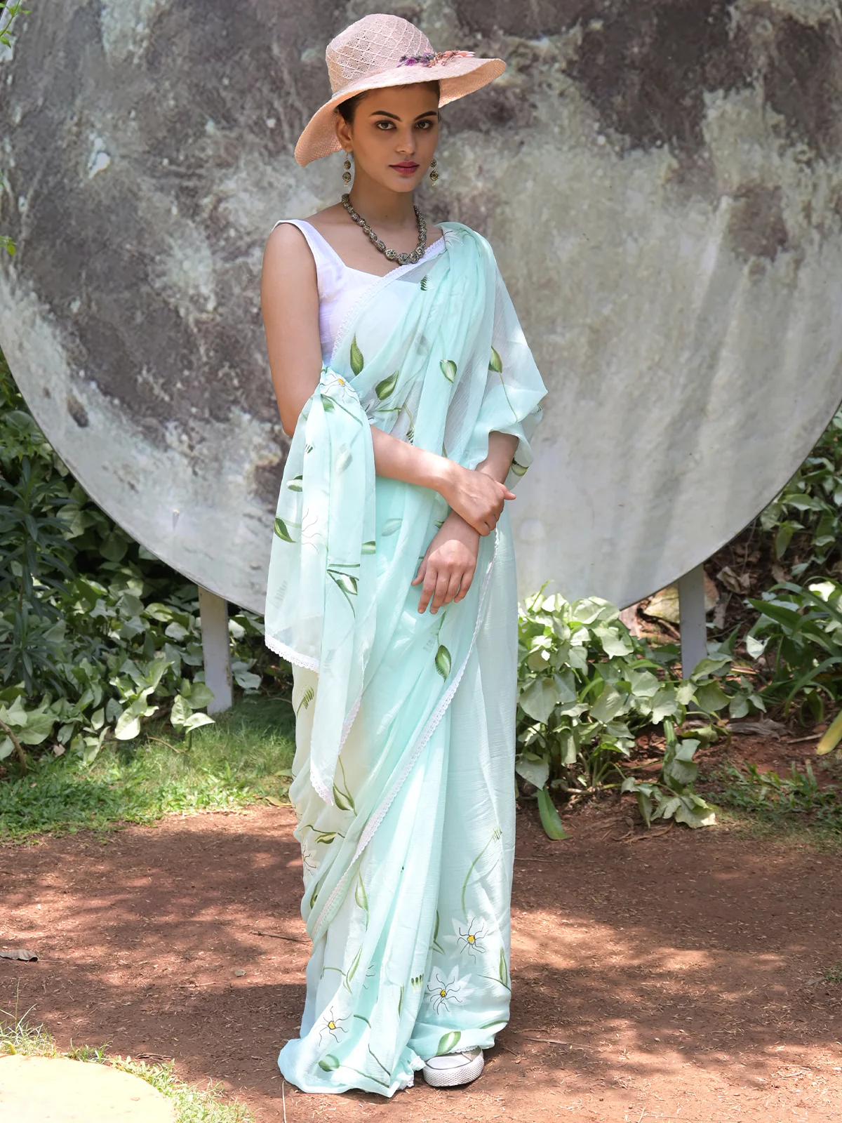 Odett Sea Green Printed Chiffon Saree with Unstitched Blouse for Women - Image 2