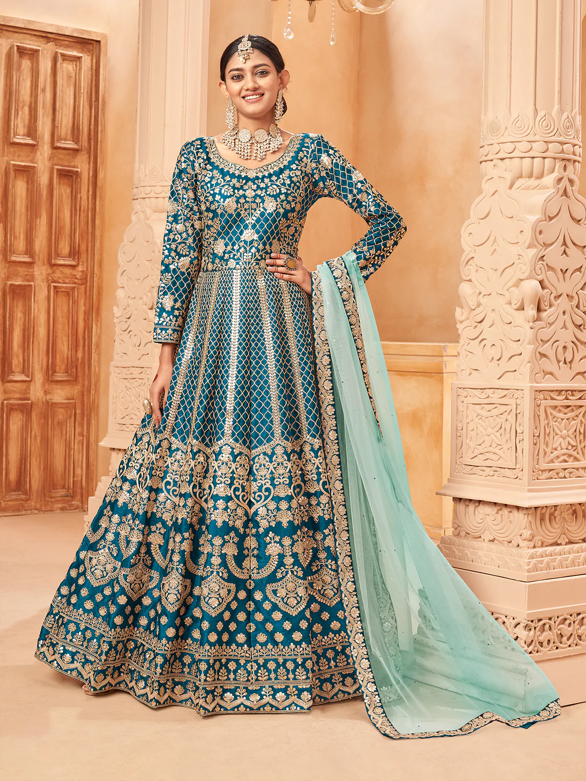 Odette Aqua Art Silk Embroidered Semi stitched Kurta Set For Women - Image 2