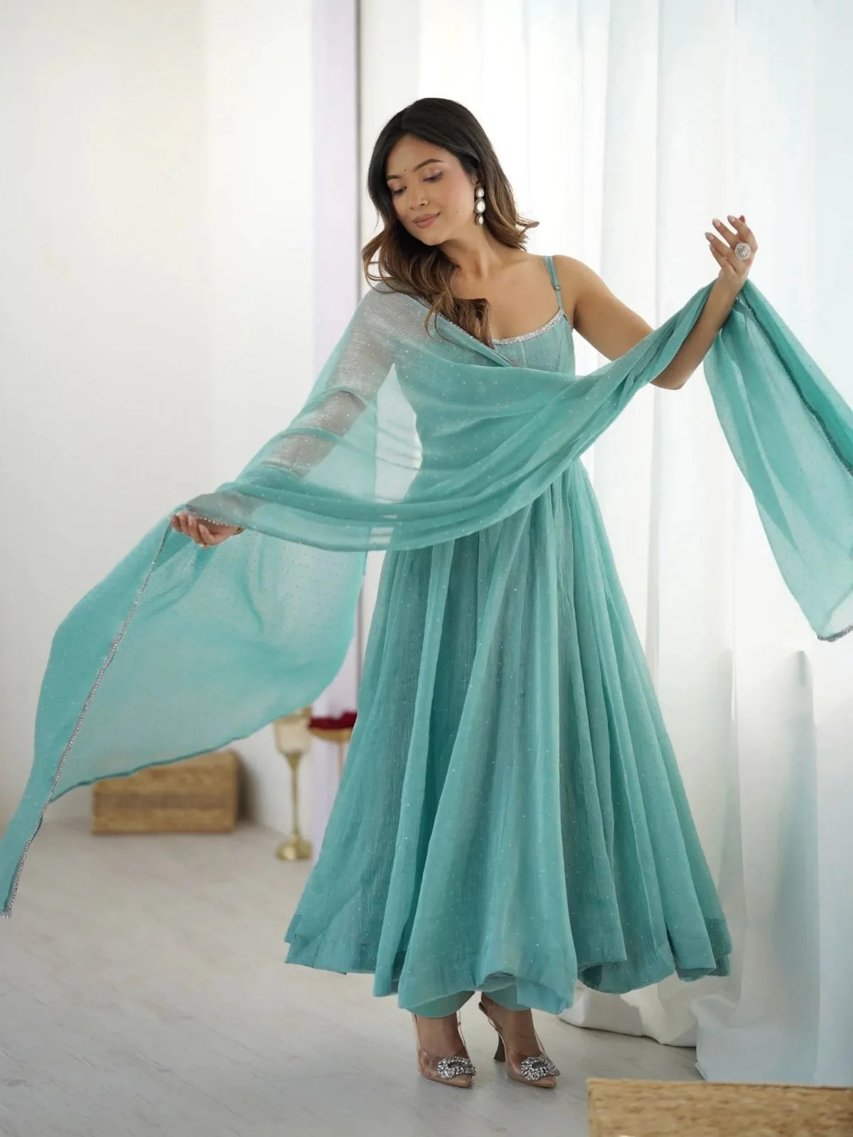 Odette Aqua Blue Crunchy Silk Blend Siloski Work Stitched Kurta Set For Women - Image 3