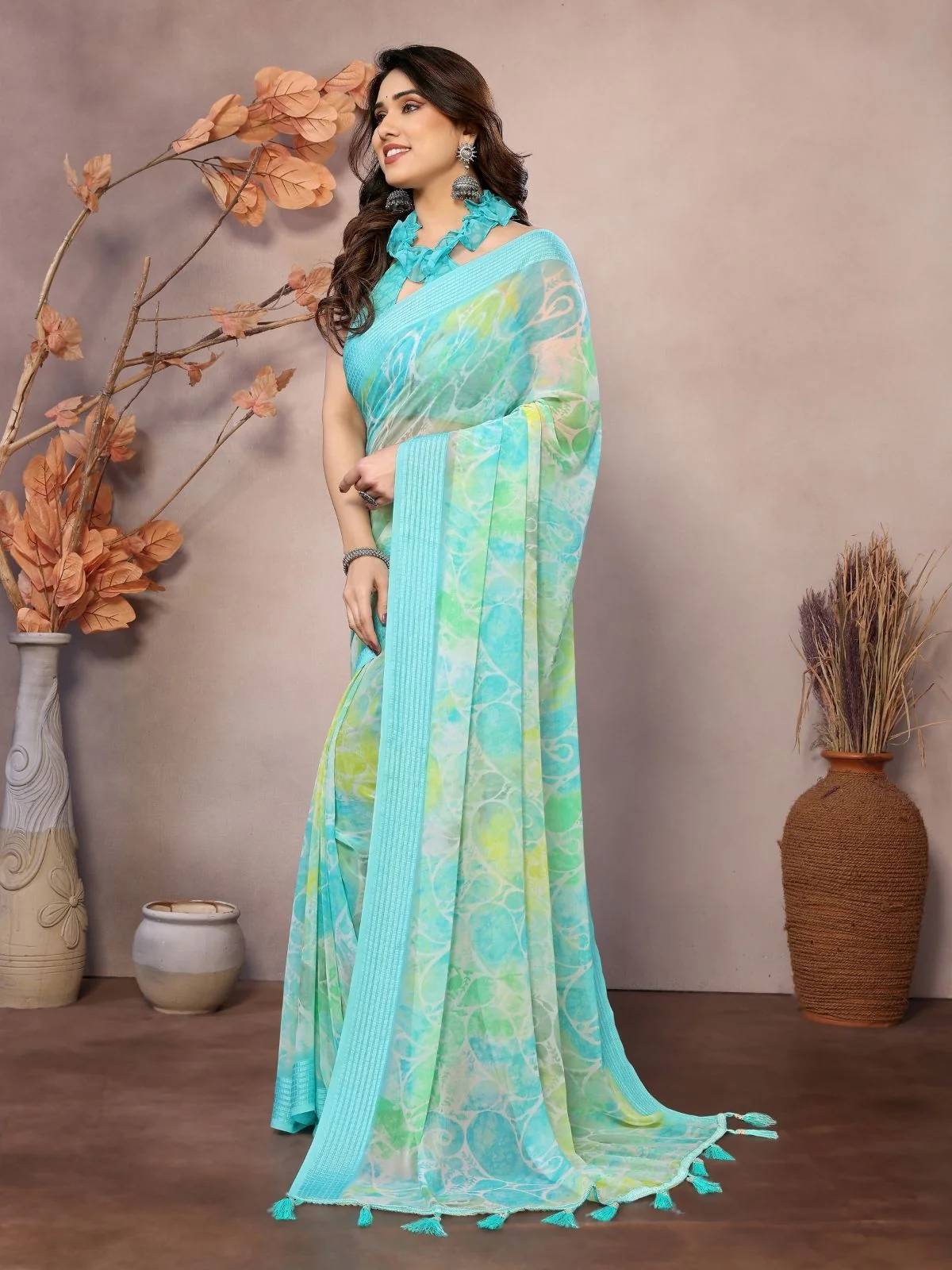 Odette Aqua Blue Georgette Printed Saree For Women - Image 2