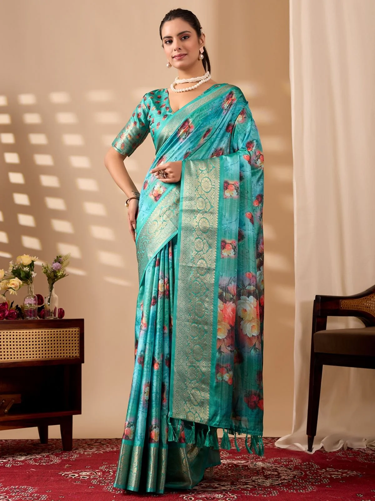 Odette Aqua Blue Silk Blend Printed Saree For Women