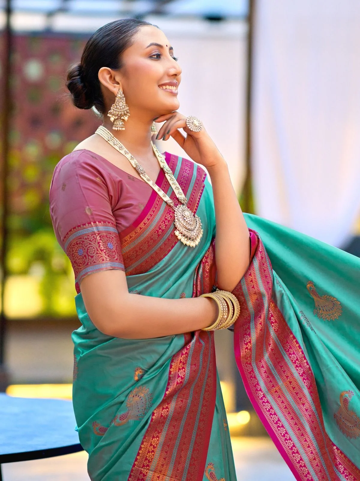 Odette Aqua Blue Silk Zari Woven Saree For Women - Image 5