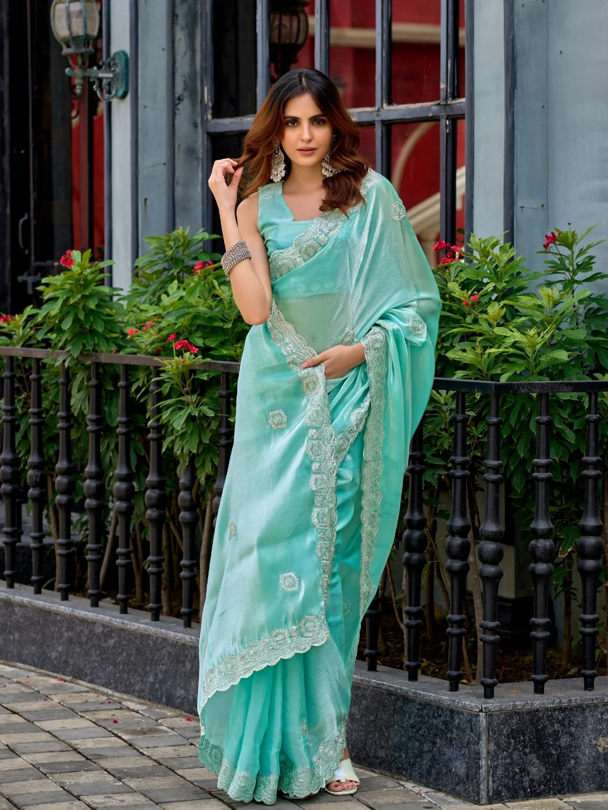 Odette Aqua Chiffon Embellished Saree For Women