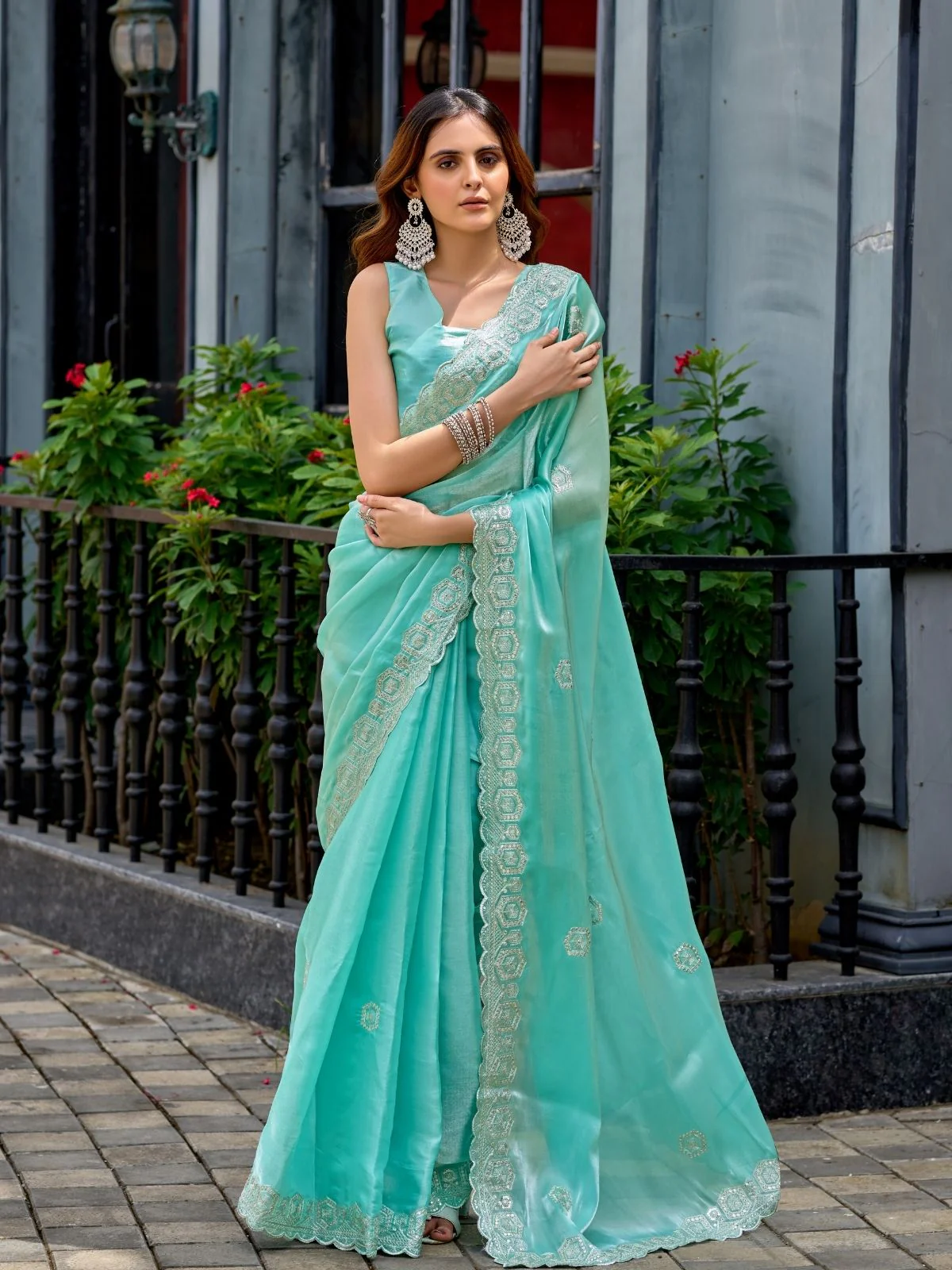 Odette Aqua Chiffon Embellished Saree For Women - Image 2