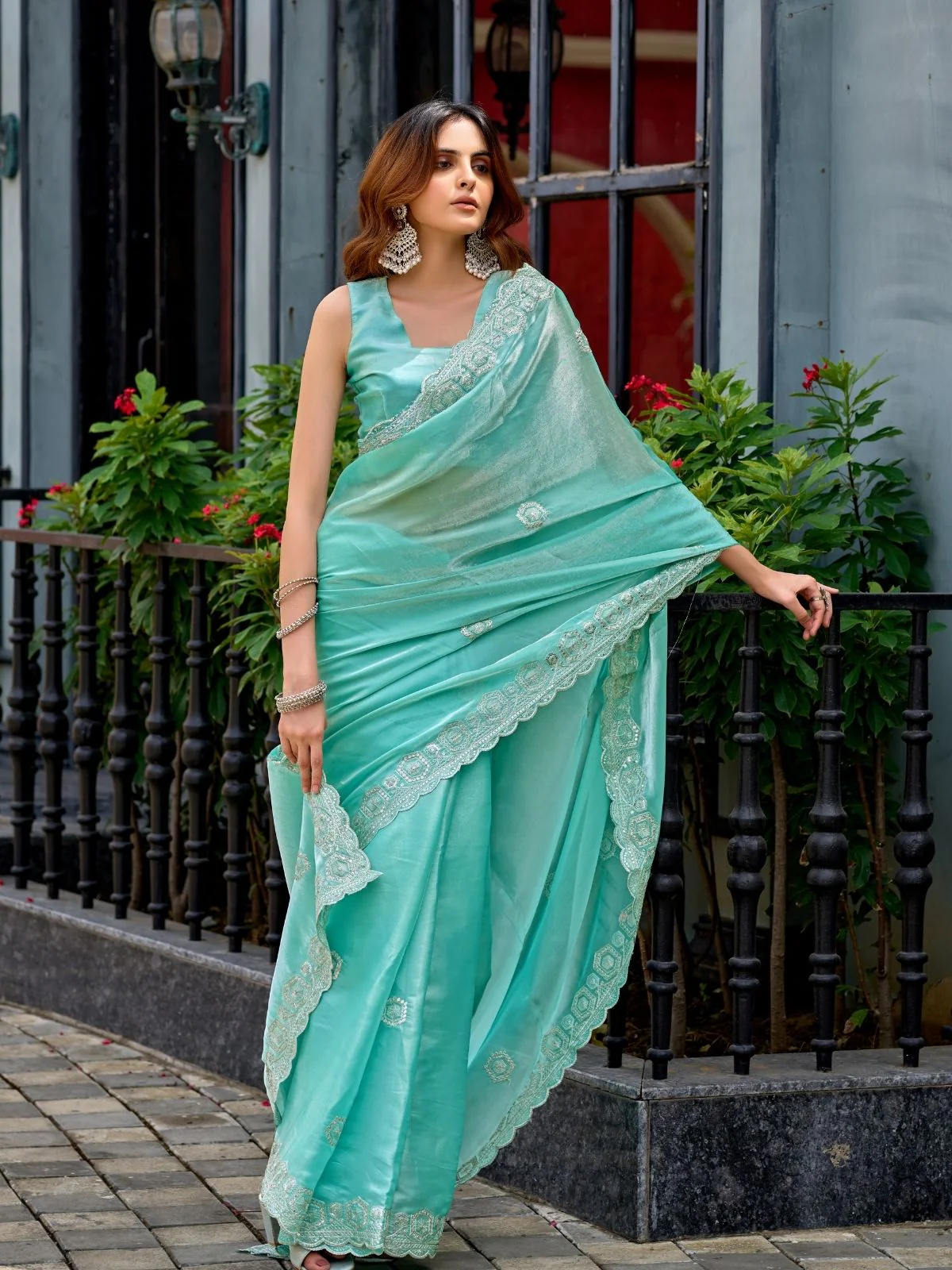 Odette Aqua Chiffon Embellished Saree For Women - Image 4