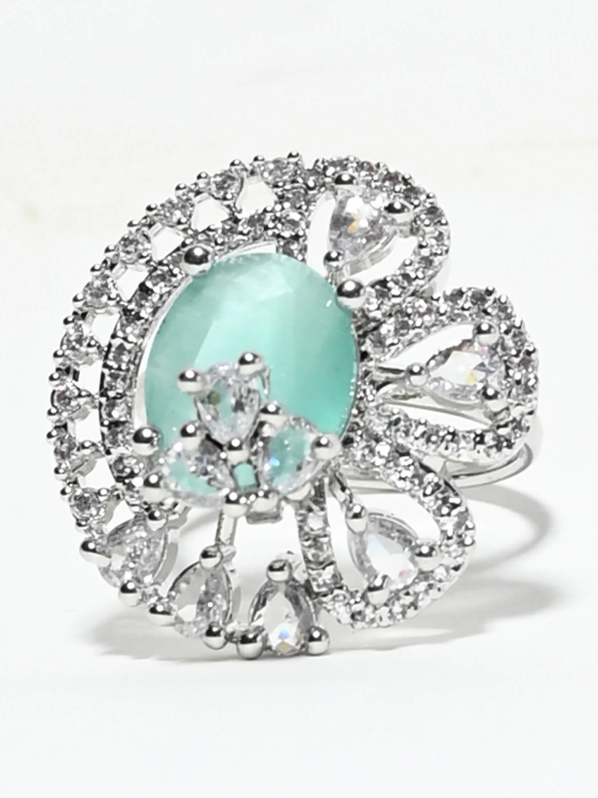 Odette Aqua Green And White Alloy Embellished Ring For Women - Image 2