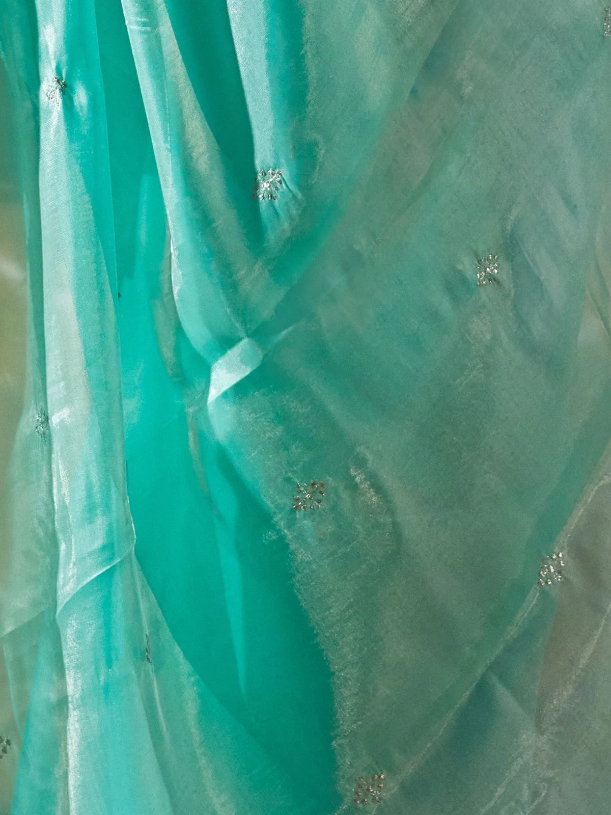 Odette Aqua Green Chiffon Embellished Saree For Women - Image 6