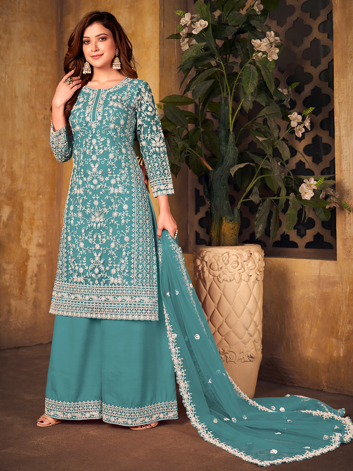 Odette Aqua Net Embroidered Semi stitched Kurta Set with Inner For Women - Image 2