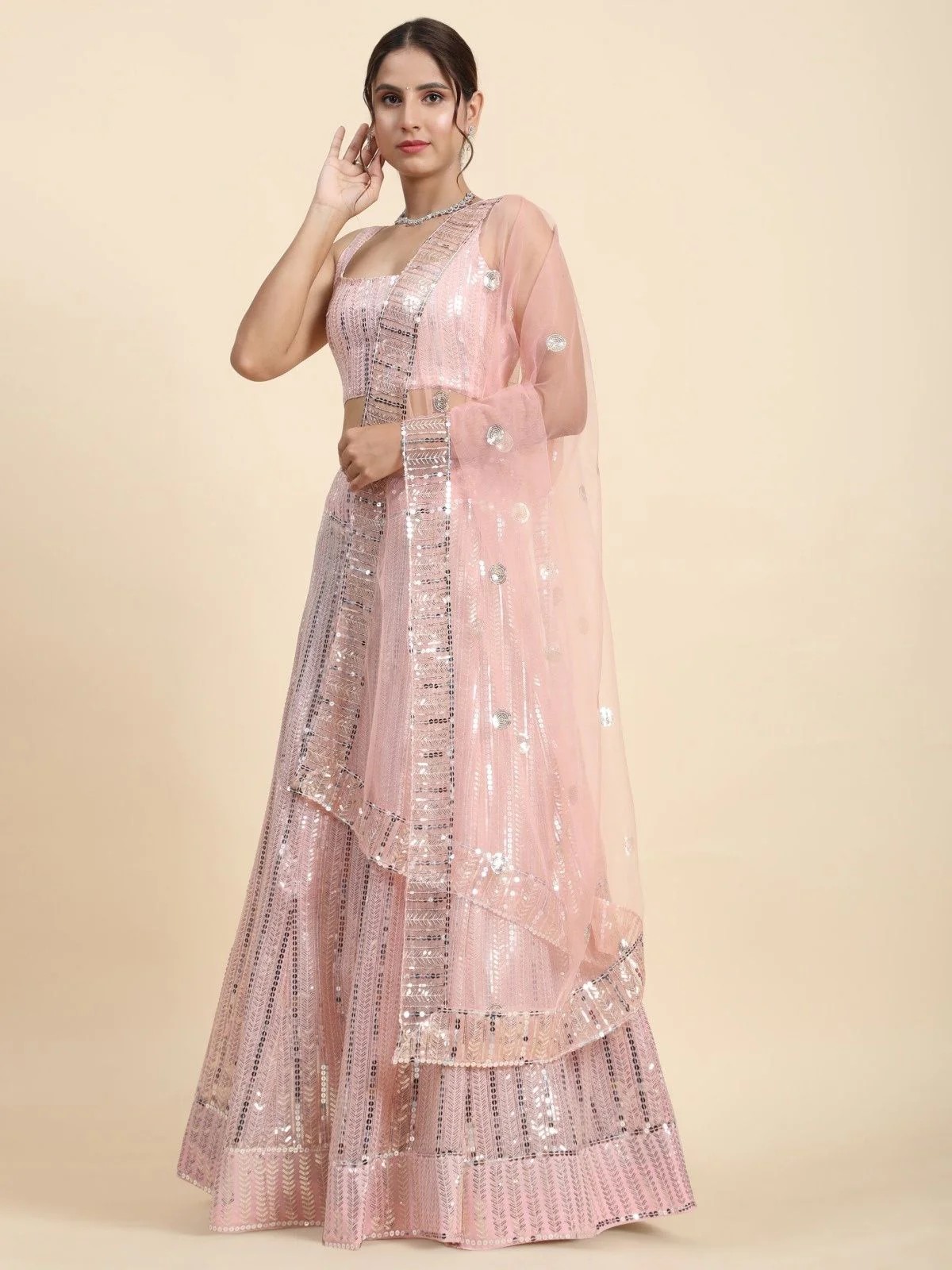 Odette Baby Pink Georgette Embellished Semi-Stitched Lehenga For Women - Image 3