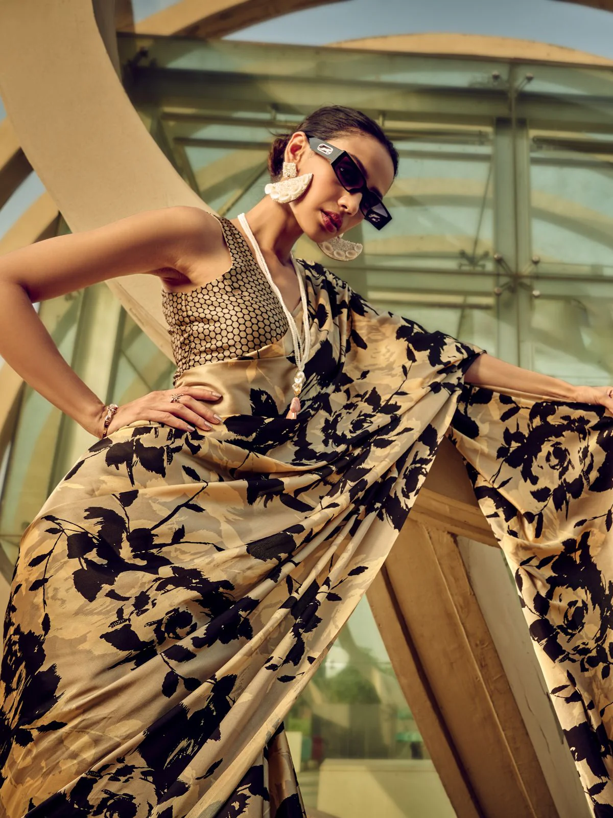 Odette Beige And Black Satin Printed Saree With Unstitched Blouse For Women - Image 3