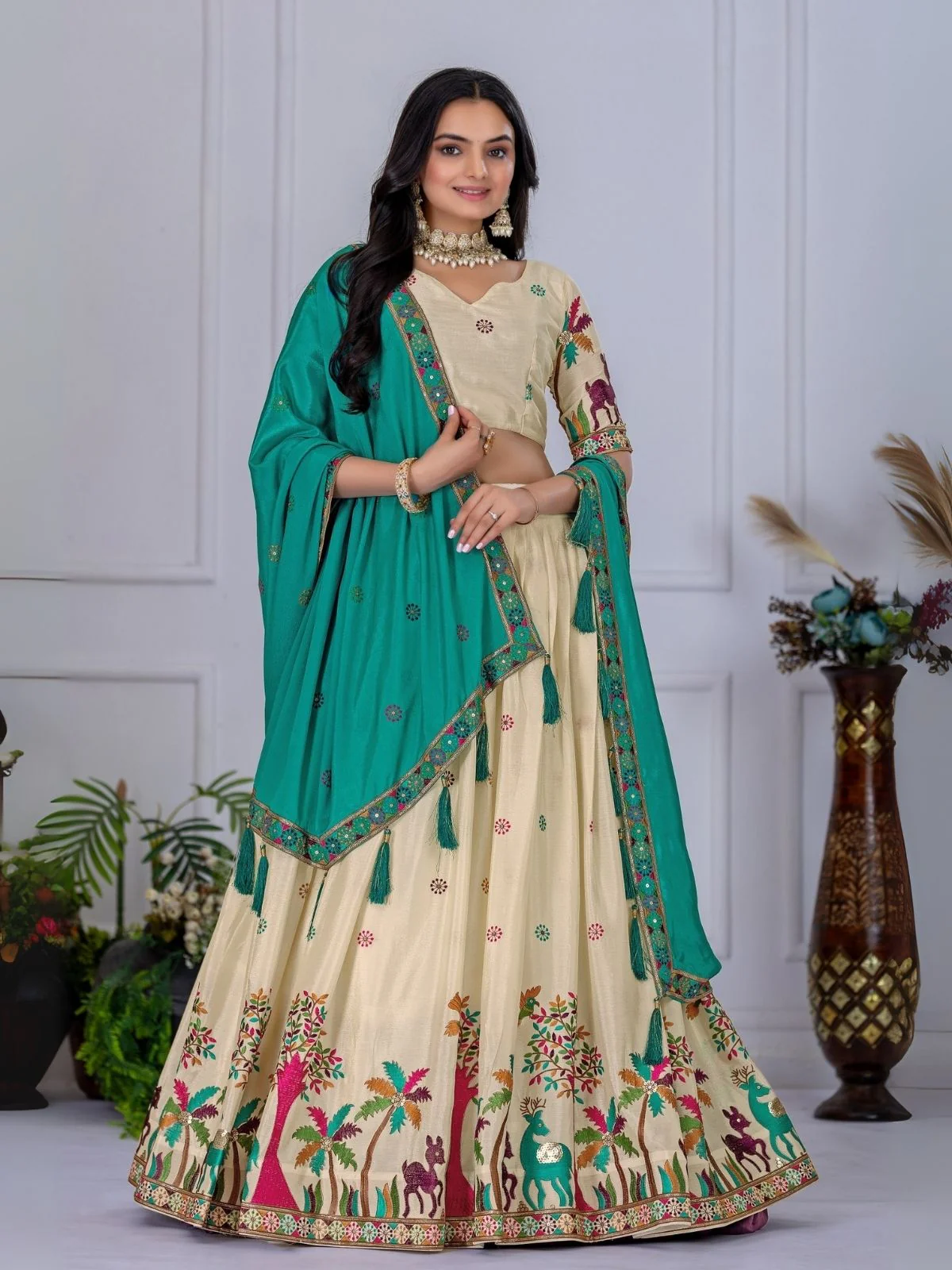 Odette Beige And Blue Silk Blend Embroidered Semi-Stitched lehenga For Women - Image 2
