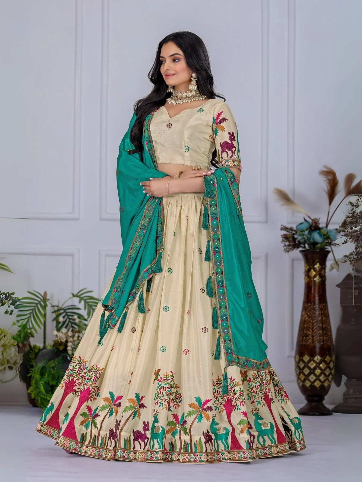 Odette Beige And Blue Silk Blend Embroidered Semi-Stitched lehenga For Women - Image 3