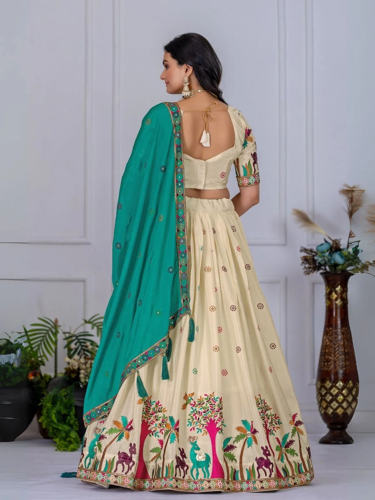 Odette Beige And Blue Silk Blend Embroidered Semi-Stitched lehenga For Women - Image 4