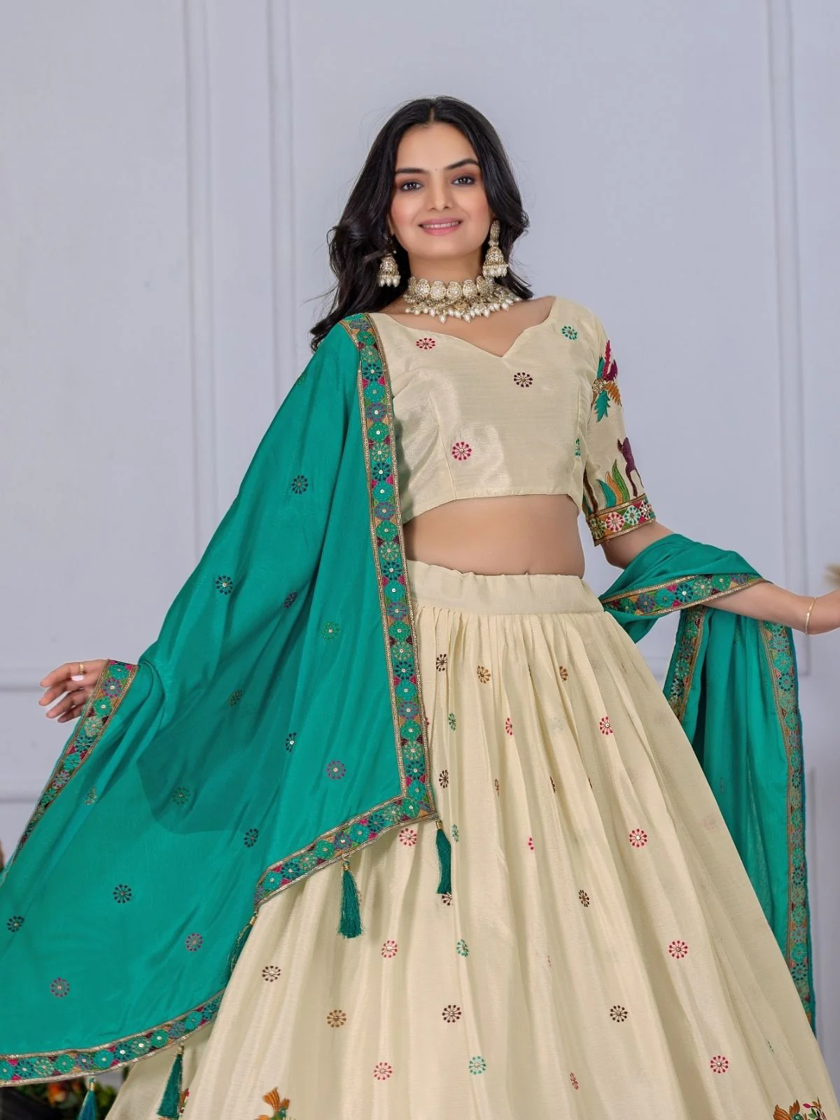 Odette Beige And Blue Silk Blend Embroidered Semi-Stitched lehenga For Women - Image 5