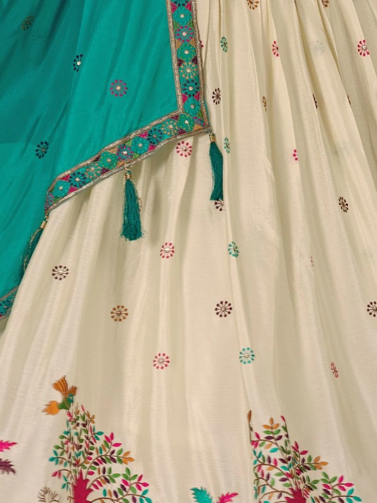 Odette Beige And Blue Silk Blend Embroidered Semi-Stitched lehenga For Women - Image 6