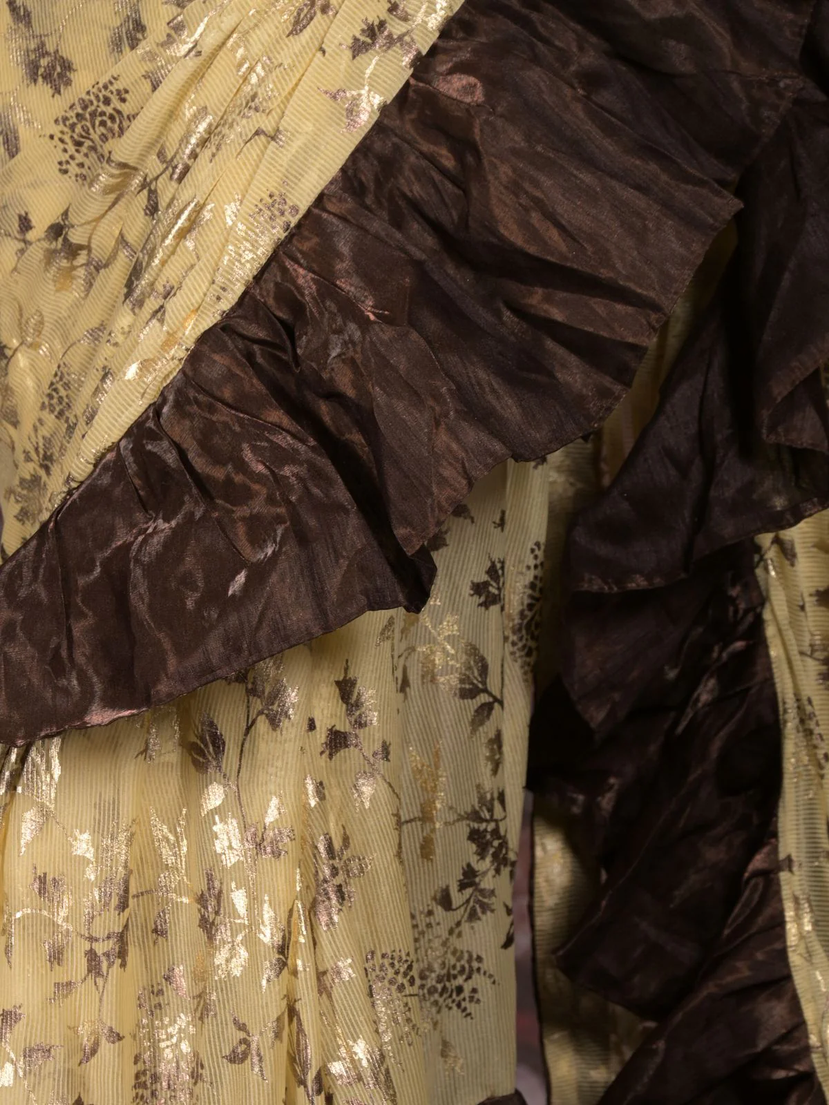 Odette Beige and Brown Foil Printed Ruffles Lycra Saree for Women - Image 5