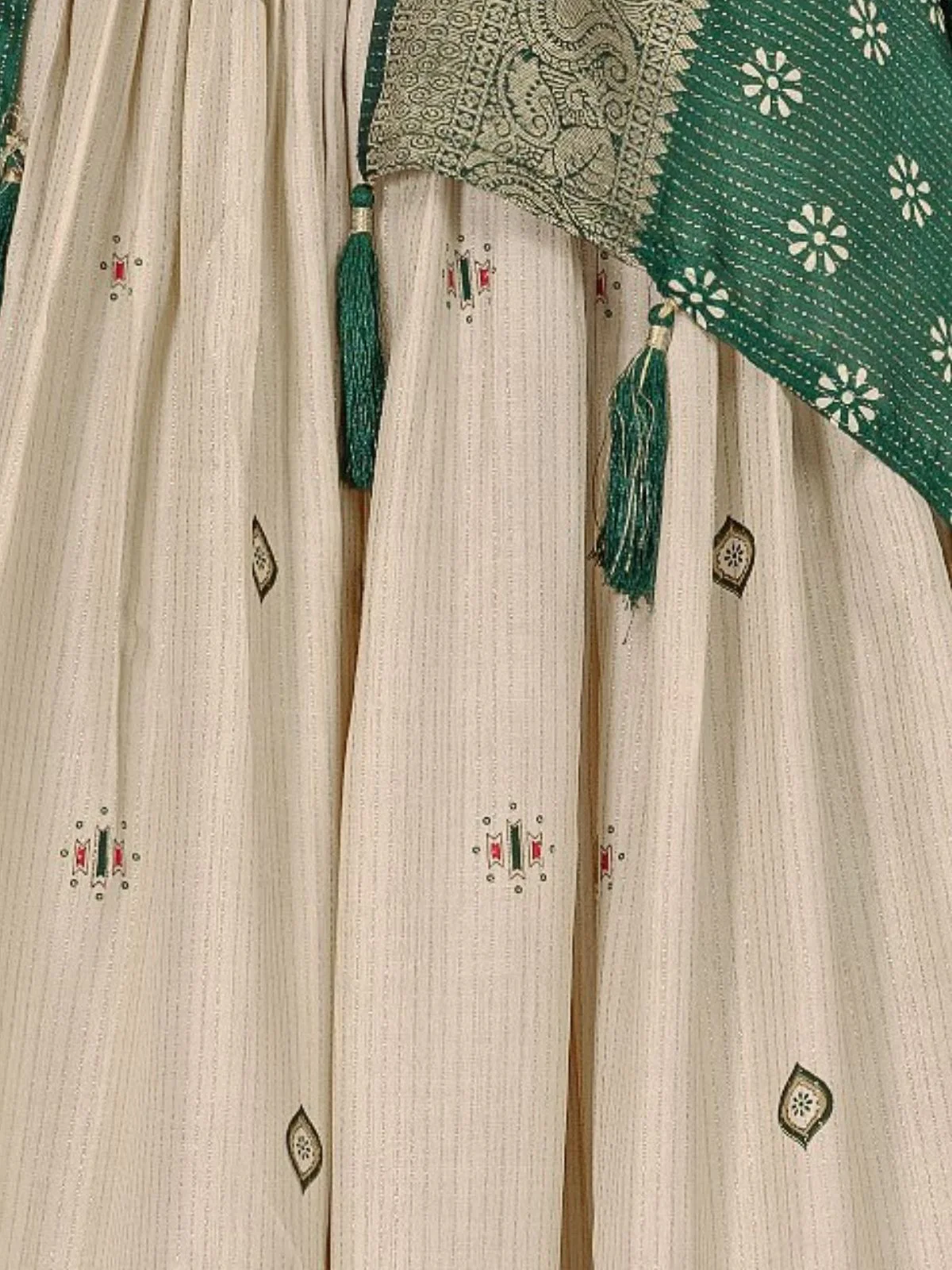 Odette Beige And Green Silk Blend Printed Semi-Stitched lehenga For Women - Image 5