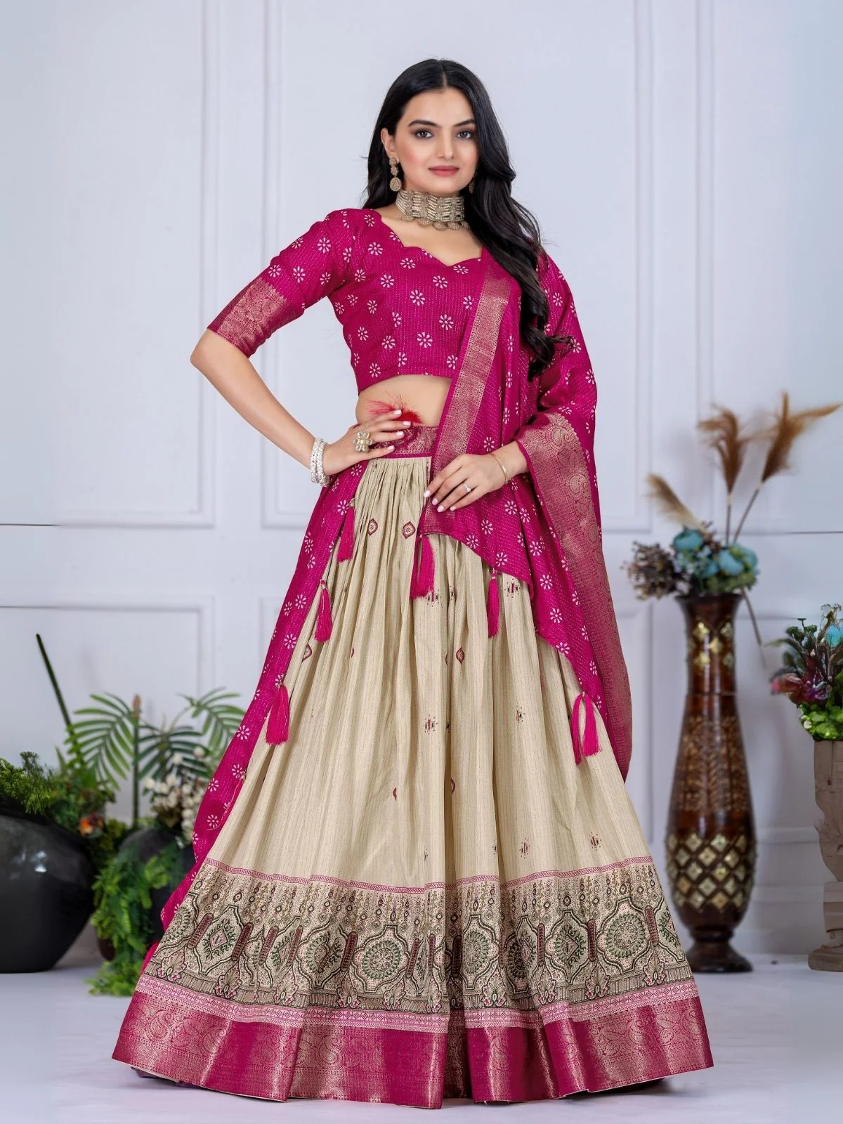 Odette Beige And Pink Silk Blend Embroidered Semi-Stitched lehenga For Women