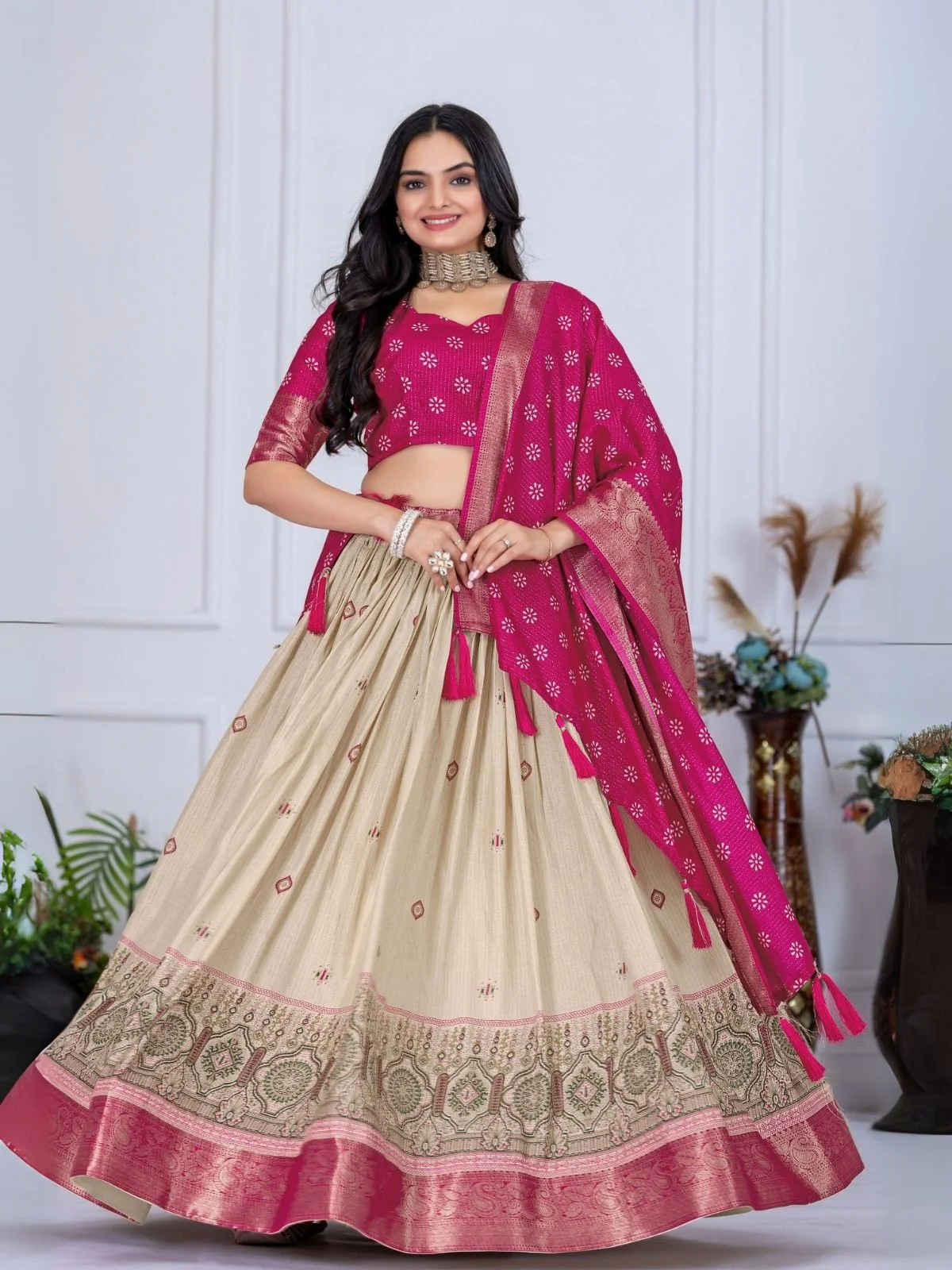Odette Beige And Pink Silk Blend Embroidered Semi-Stitched lehenga For Women - Image 2
