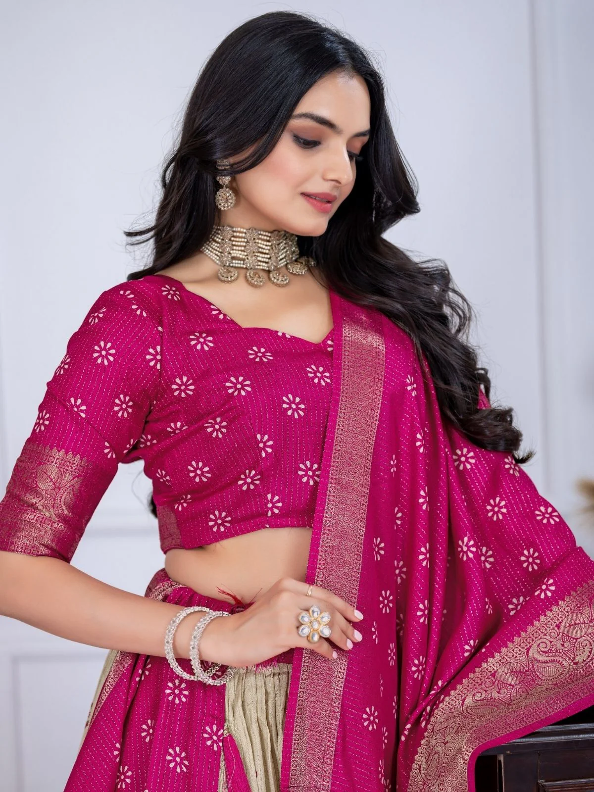 Odette Beige And Pink Silk Blend Embroidered Semi-Stitched lehenga For Women - Image 4