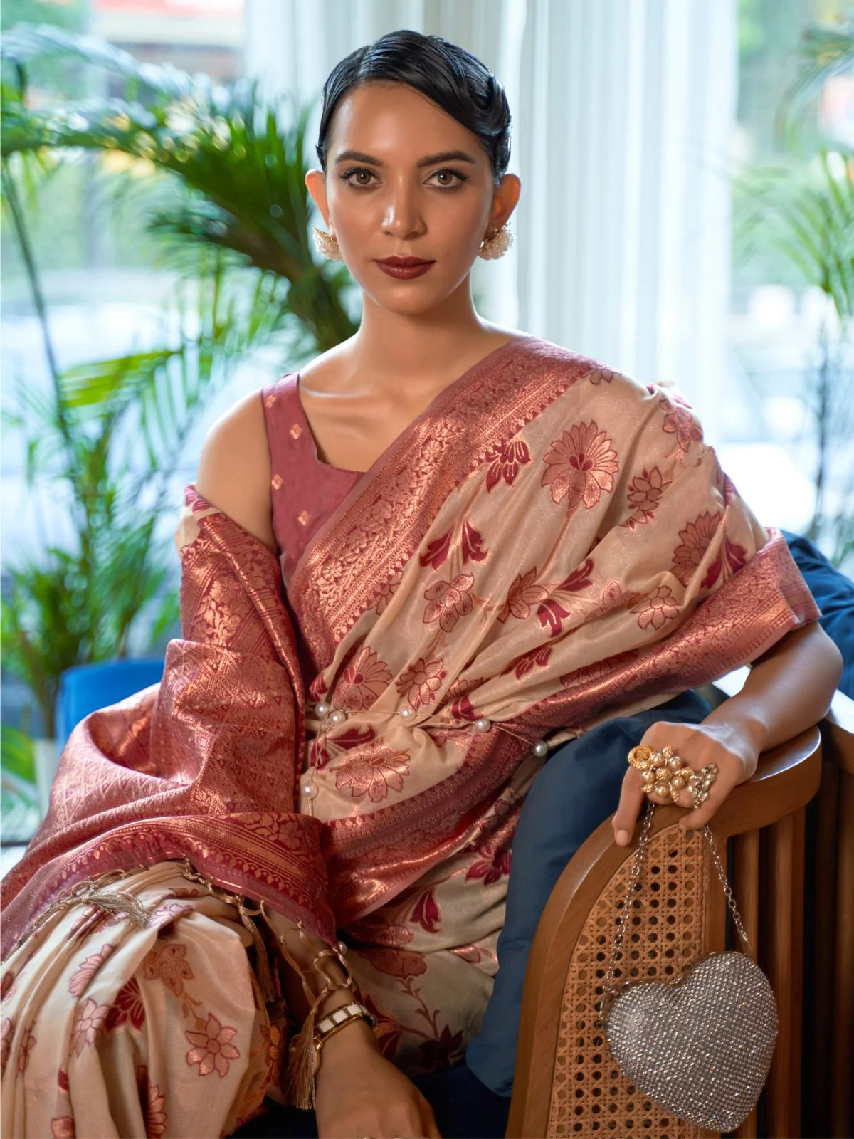 Odette Beige And Pink Woven Design Silk Blend Saree With Unstitched Blouse For Women - Image 2