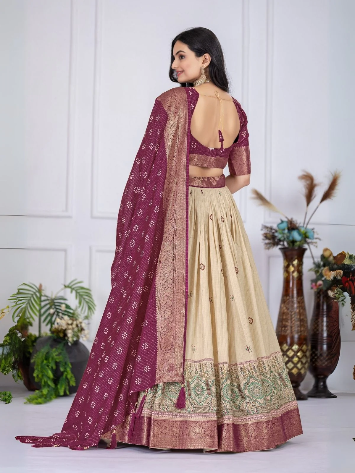 Odette Beige And Purple Silk Blend Printed Semi-Stitched lehenga For Women - Image 3