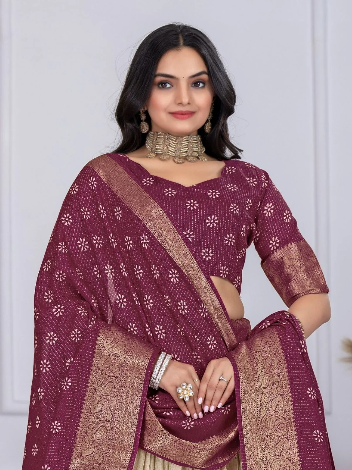 Odette Beige And Purple Silk Blend Printed Semi-Stitched lehenga For Women - Image 5