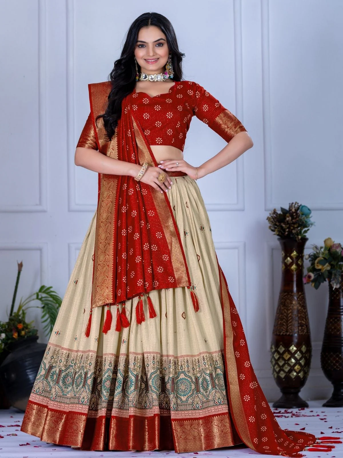 Odette Beige And Red Silk Blend Printed Semi-Stitched lehenga For Women