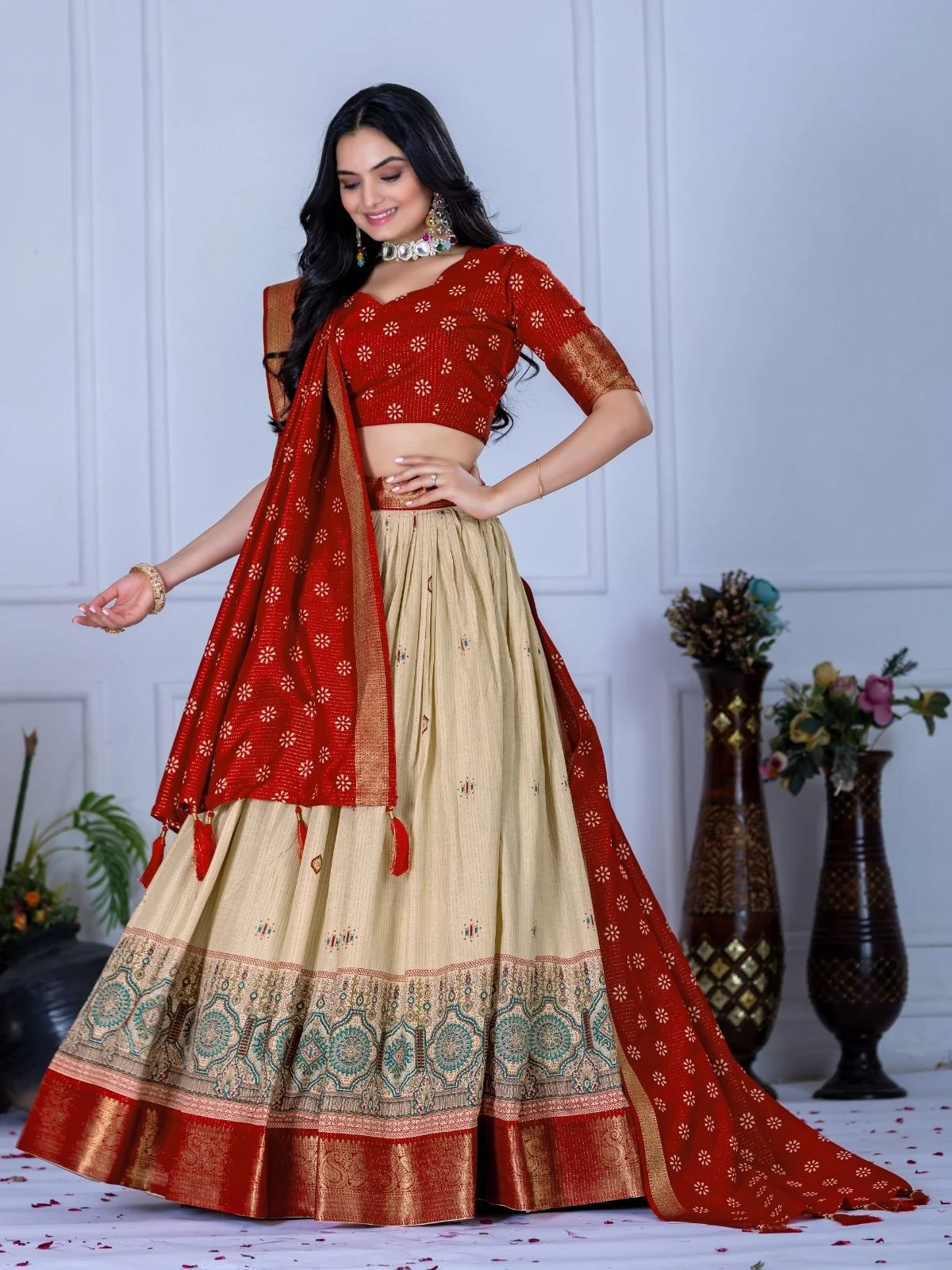 Odette Beige And Red Silk Blend Printed Semi-Stitched lehenga For Women - Image 2